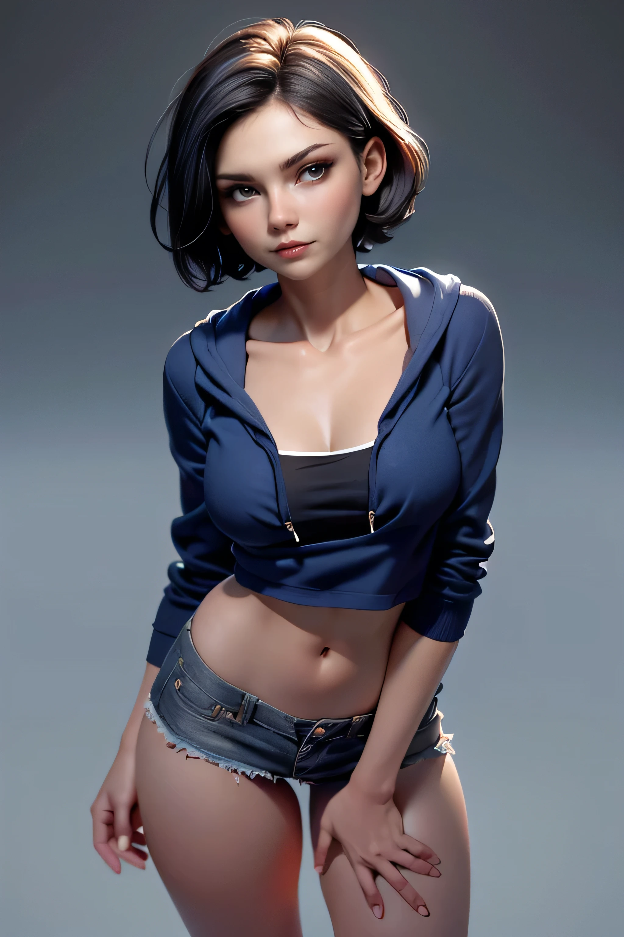 young woman, short hair , brown eyes, blue tube top , Black miniskirt, gray hoodie sweatshirt, face to the camera, Dynamic pose , magnificent anatomy , masterpiece , super detail, lyrics, natural lighting , sharp focus, ultra resolution , plain white background , without patterns, No textures.