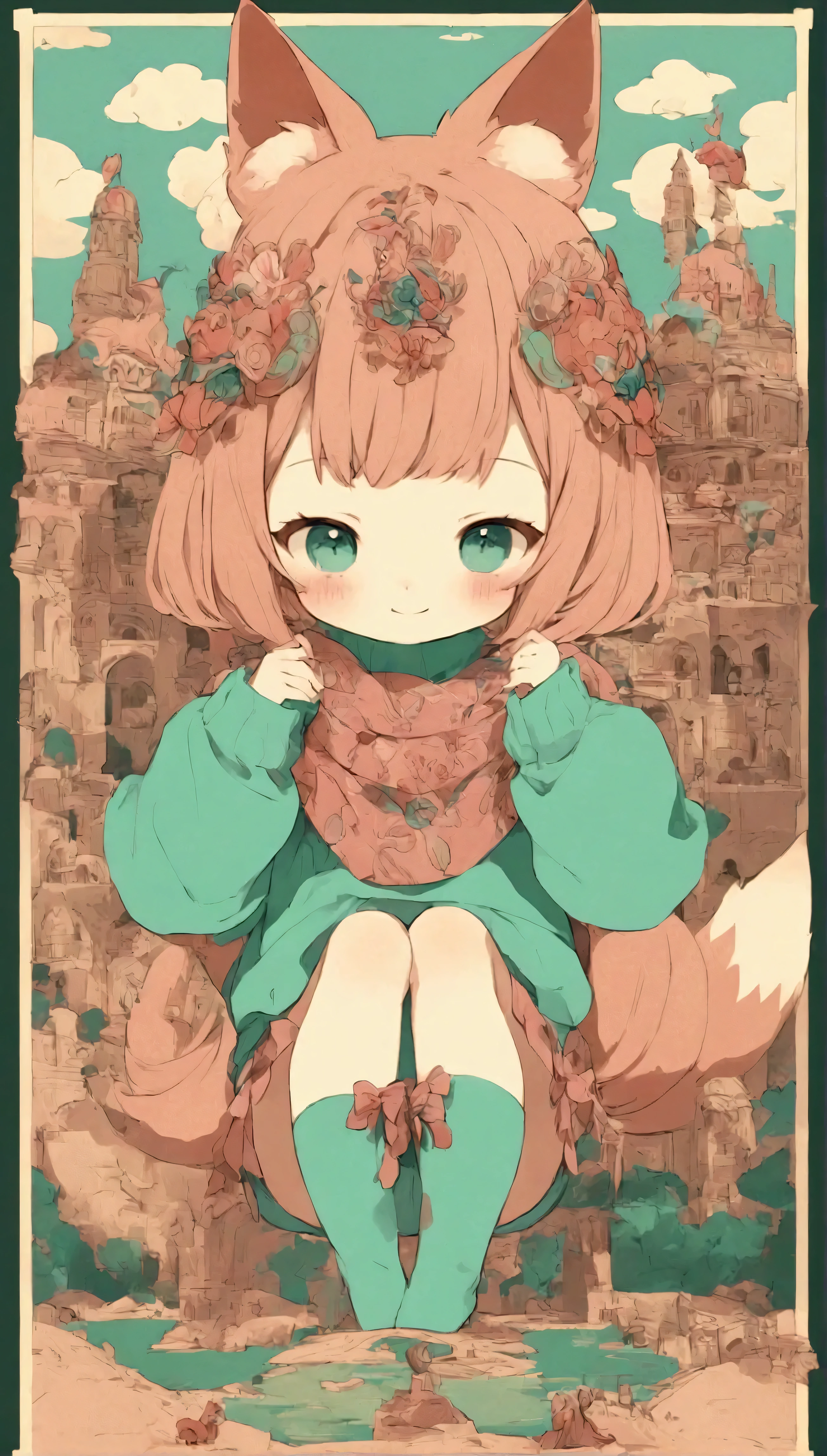 Quite strong deformation、 cute anime girl with small head and body 、 cute fox ear smile 、Bold poses、 As cute as a dream 、Sickly cute、 simple oversized pullover 、 knee-high socks 、Ancient city background 、 poster style 、flat-colors、 Carefully calculated 、 arranged motifs 、HIGH QUALITY DESIGN 、 kitschy aesthetics