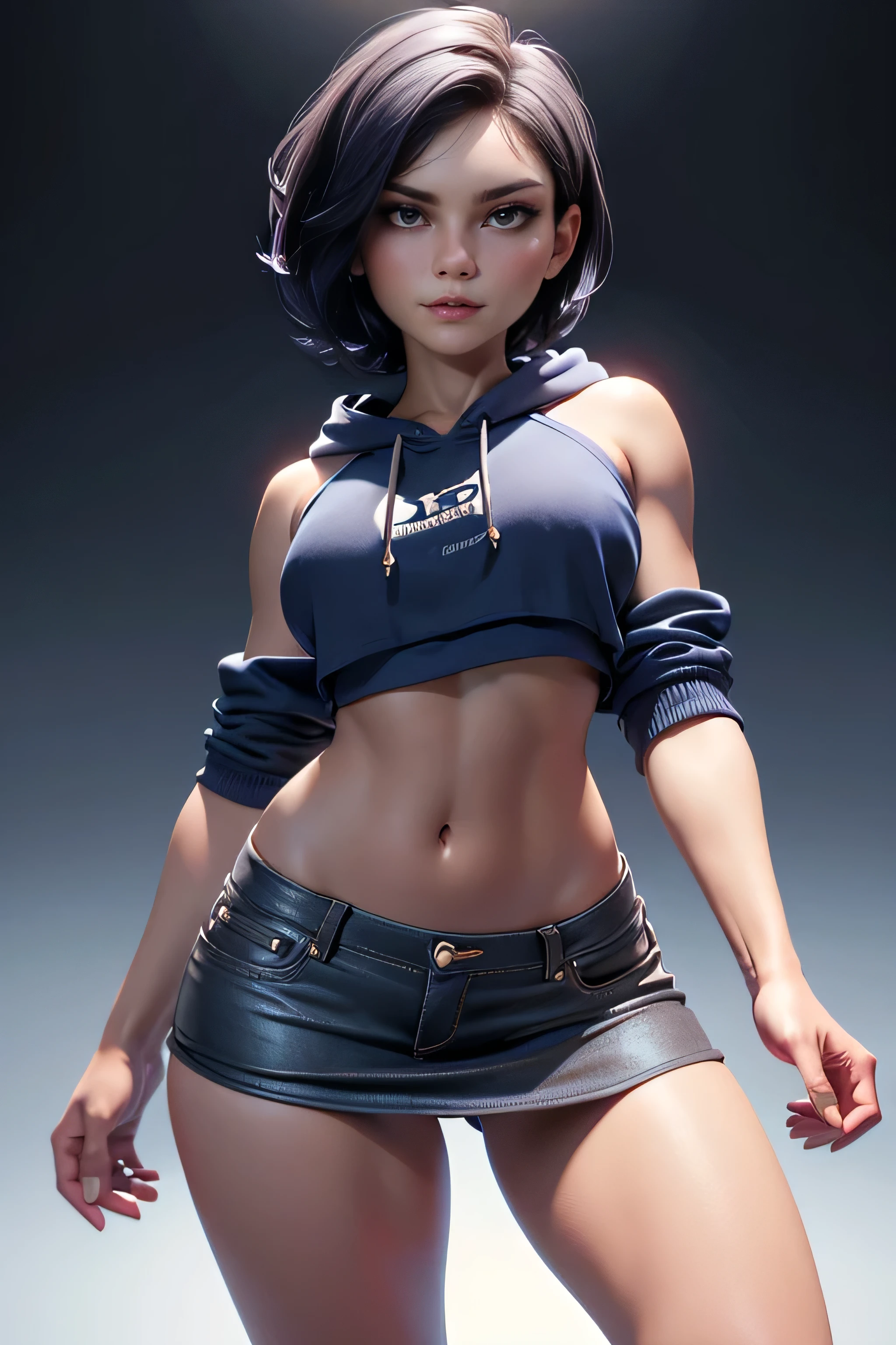 young woman,  short hair ,  brown eyes, blue tube top , Black miniskirt, gray hoodie sweatshirt, face to the camera,  Dynamic pose , magnificent anatomy ,  masterpiece , super detail,  lyrics,  natural lighting ,  sharp focus,  ultra resolution ,  plain white background , without patterns, No textures.