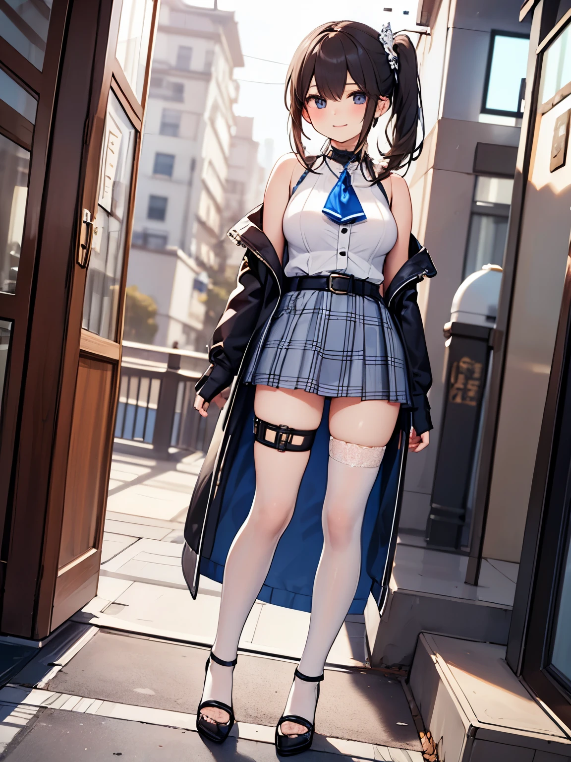 Masterpiece, realistic, best quality , high resolution, Sweet 1, 1 girl, Alone, side ponytail , Hoshimachi Suisei, Fingerless gloves, Thigh Highs, jewelry, Single socks, thigh strap, bracelet, Blue socks, button, Single knee-high, Checked dress, blue choker , blue。belt, plaid skirt, mini crowns, gray skirt, blue ascot, uses a , check jacket, Kubby, street background, full body, cosplayer、smile、 Smile 、Warrior、 low angle shot、 plump body