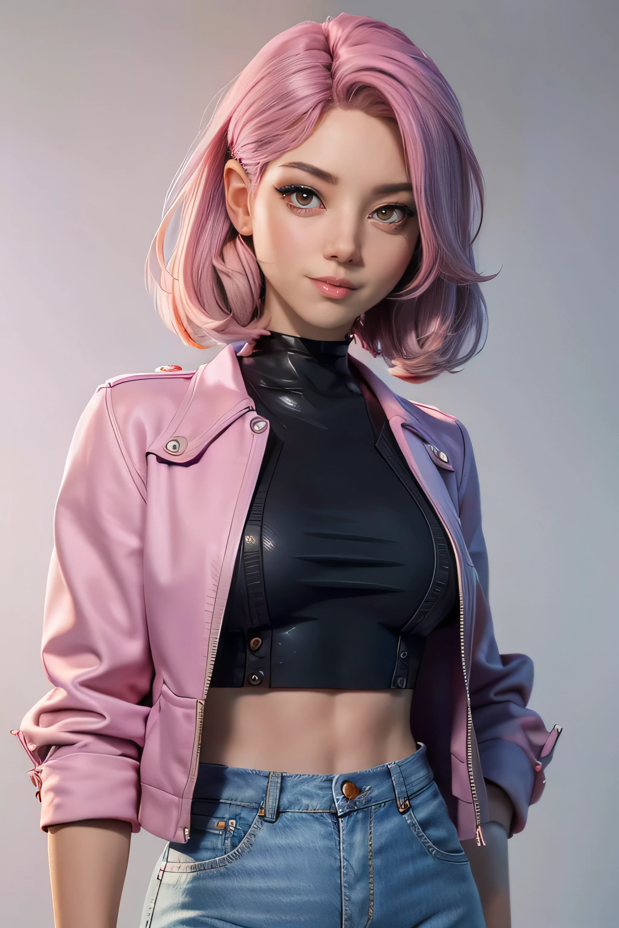Young woman, light pink hair, violet eyes, short jacket, wry smile, well-fitting blouse , tailored jeans , face to the camera, Dynamic pose , masterpiece , super detail, lyrics, natural lighting , sharp focus, ultra resolution , plain white background , without patterns, No textures.