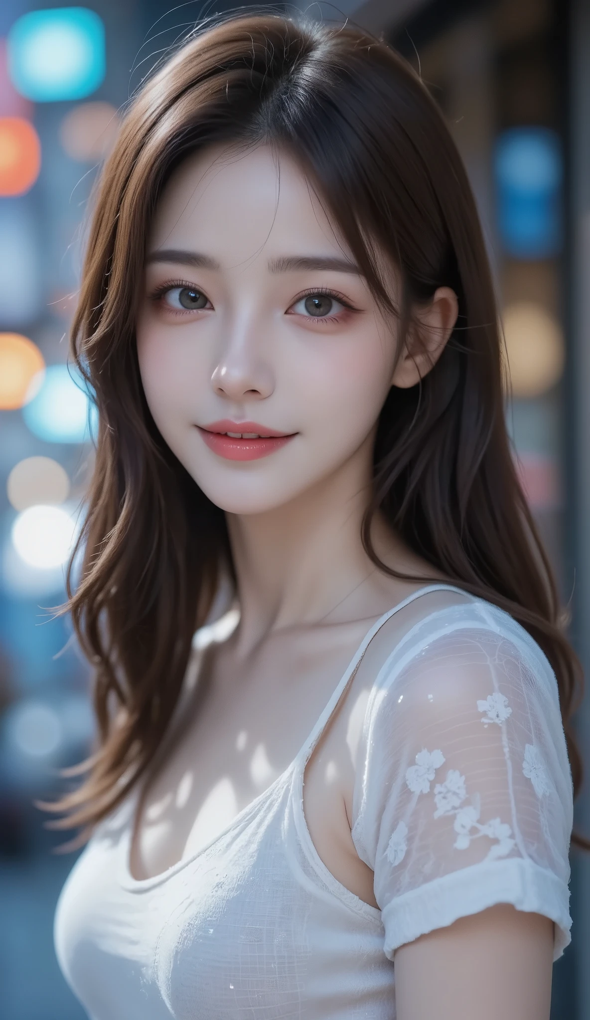 Beautiful Virtual Idols , Detailed Digital Avatars , Bright Holographic Figure , Clear Sparkling Skin , detailed facial features , charming smile , Delicate expression, Long flowing hair, elegant pose , Surreal Futuristic Environments , multifaceted dynamic lighting , Neon Glowing Details , Cinematic composition, Brilliant Color Palettes , Details as in the picture , masterpiece , full body photo