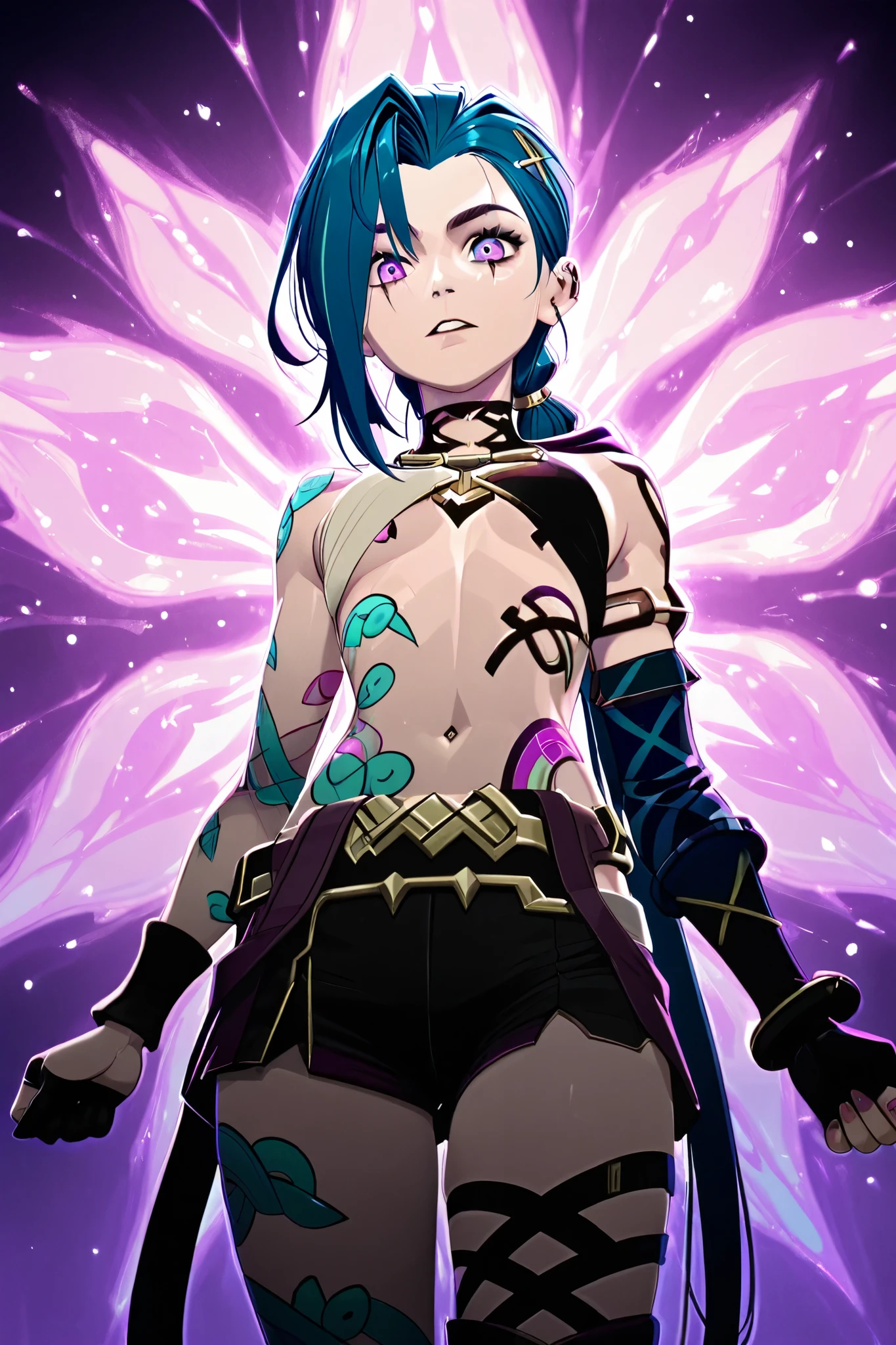 Créez une description créative et ludique d'un personnage inspiré du concept de « Nude Jinx » d'Arcane, une représentation sexy et séduisante tout en mettant l'accent sur ses traits de personnalité, her style and the way she interacts with the world around her . Emphasize her playful nature , her vibrant energy and her unique fashion sense in a light and artistic way.. Make sure the description highlights its role in the story with explicit content.