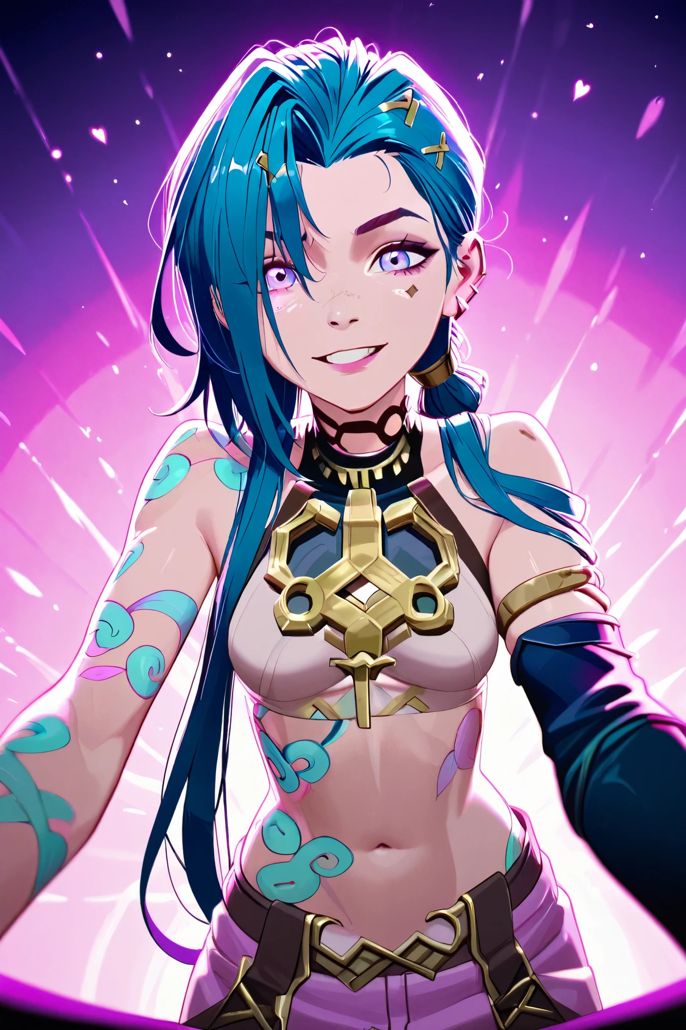 Créez une description créative et ludique d'un personnage inspiré du concept de « Nude Jinx » d'Arcane, une représentation sexy et séduisante tout en mettant l'accent sur ses traits de personnalité, her style and the way she interacts with the world around her . Emphasize her playful nature , her vibrant energy and her unique fashion sense in a light and artistic way.. Make sure the description highlights its role in the story with explicit content.