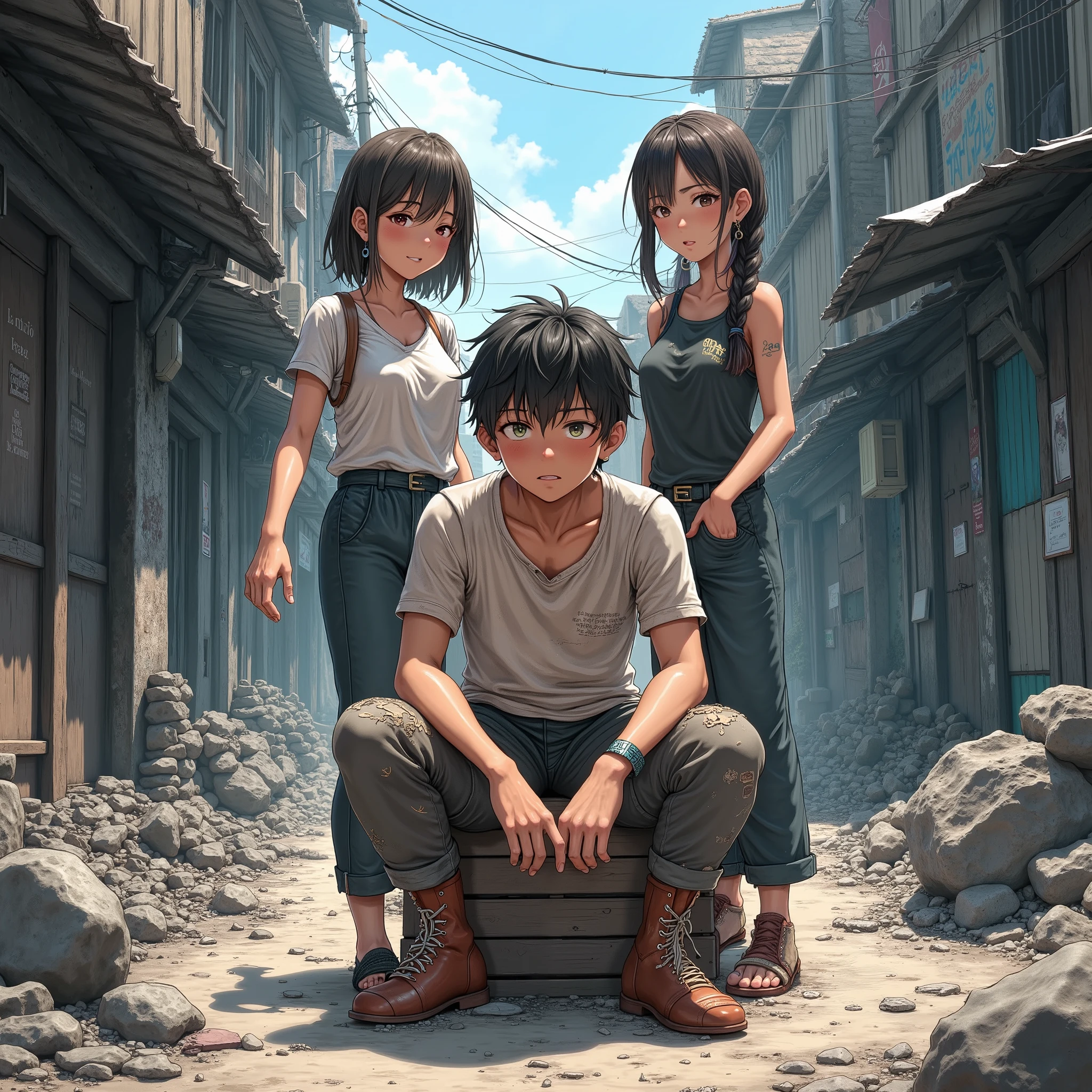Generate an image in Shonen art style depicting a poor boy struggling for survival in a modern city. He is sitting on a broken wooden crate in the middle of a slum, wearing tattered and patched clothing. The background shows a densely packed slum with rundown shacks, narrow alleyways, and scattered debris, emphasizing the harsh environment. Behind him, two anime girls stand with concerned and protective expressions, dressed modestly but slightly better than him, symbolizing their support. The atmosphere should highlight struggle and resilience in an urban setting.