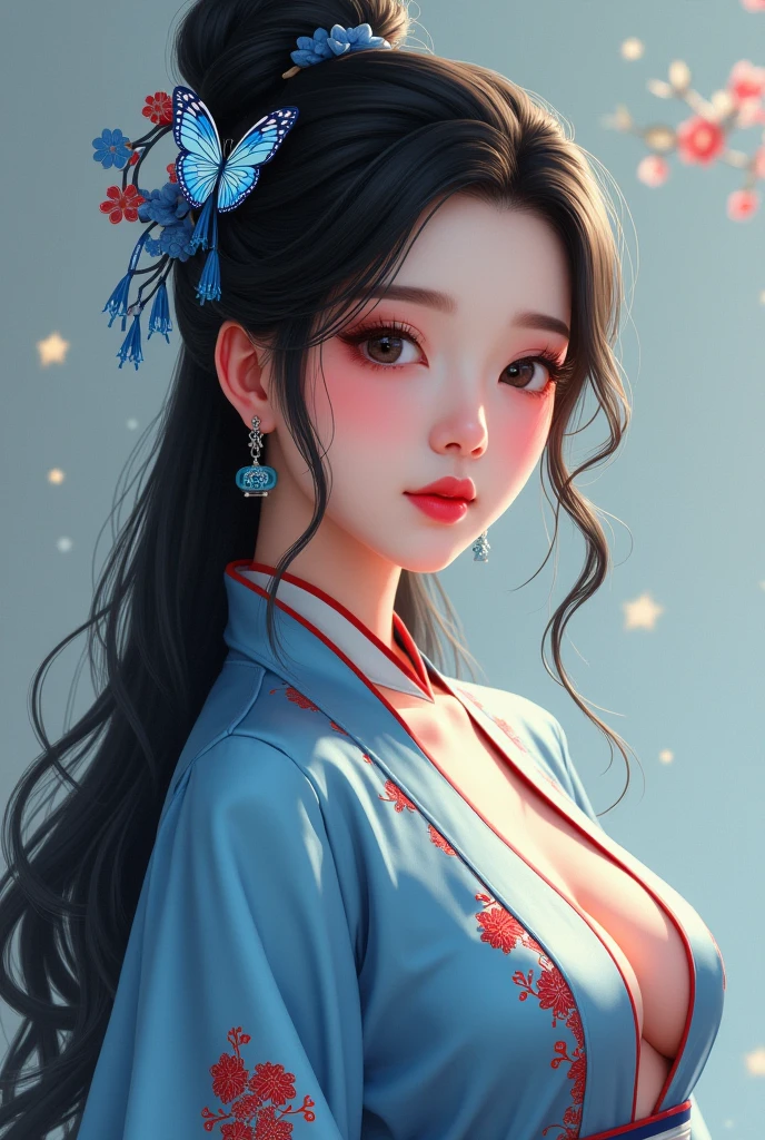 a stunning art, abstract, flowery, predominantly blue, white, upper body, centered, key visual, intricate, highly detailed, breathtaking beauty, precise line art, vibrant, comprehensive, cinematic,