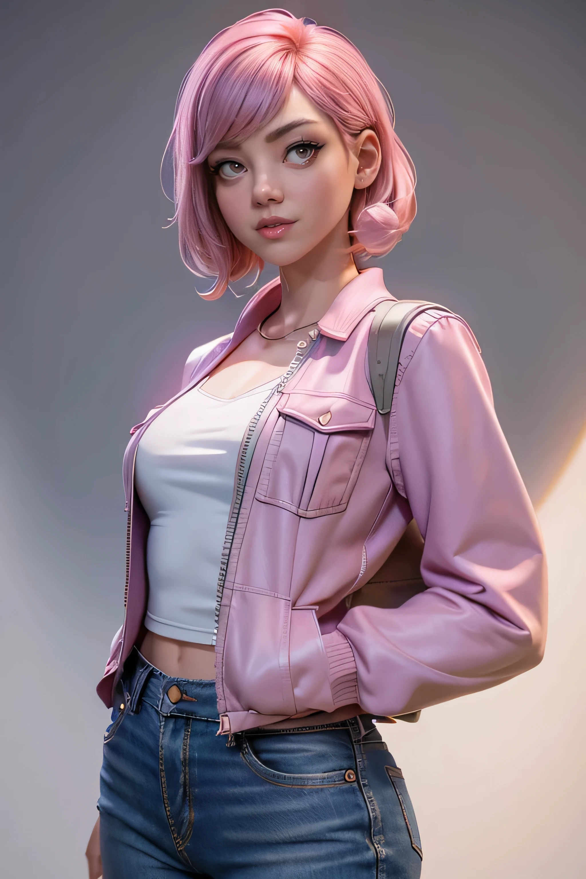 Young woman, light pink hair, violet eyes, short jacket, wry smile, well-fitting blouse , tailored jeans , face to the camera, Dynamic pose , masterpiece , super detail, lyrics, natural lighting , sharp focus, ultra resolution , plain white background , without patterns, No textures.