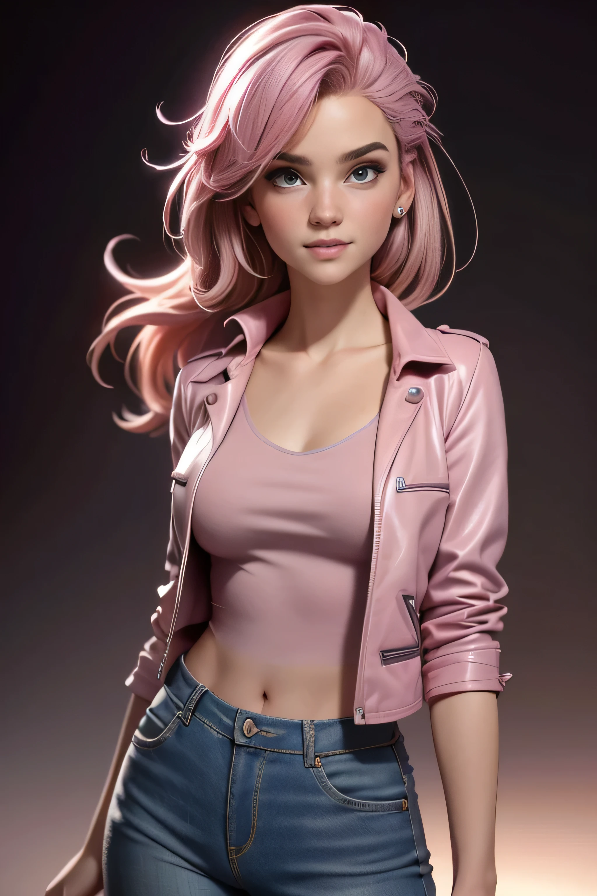 Young woman, light pink hair, violet eyes, short jacket, wry smile, well-fitting blouse , tailored jeans , face to the camera, Dynamic pose , masterpiece , super detail, lyrics, natural lighting , sharp focus, ultra resolution , plain white background , without patterns, No textures.