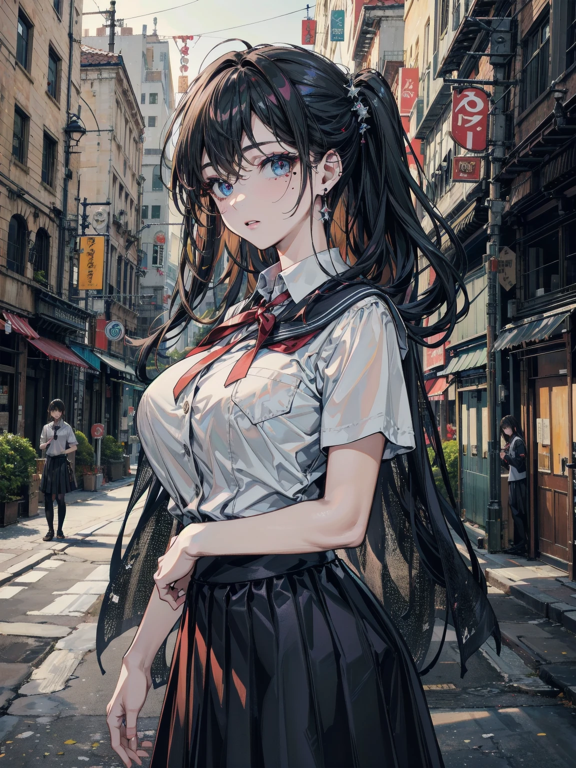 absurdres, RAW photo, extremely delicate and beautiful, masterpiece, Best Quality, ultra high resolution, 32k, hyperrealistic, ultra-detailed, ((perfect ???????)), super Detailed skin, perfect figure, Very detailed CG 8k wallpaper, in her 20s, very small head, very small face, delicate facial features, tearful mole, earring, ((very huge round breasts)), full body shot, shorter middle hair, wavy hair, outdoor, ((school uniform)),