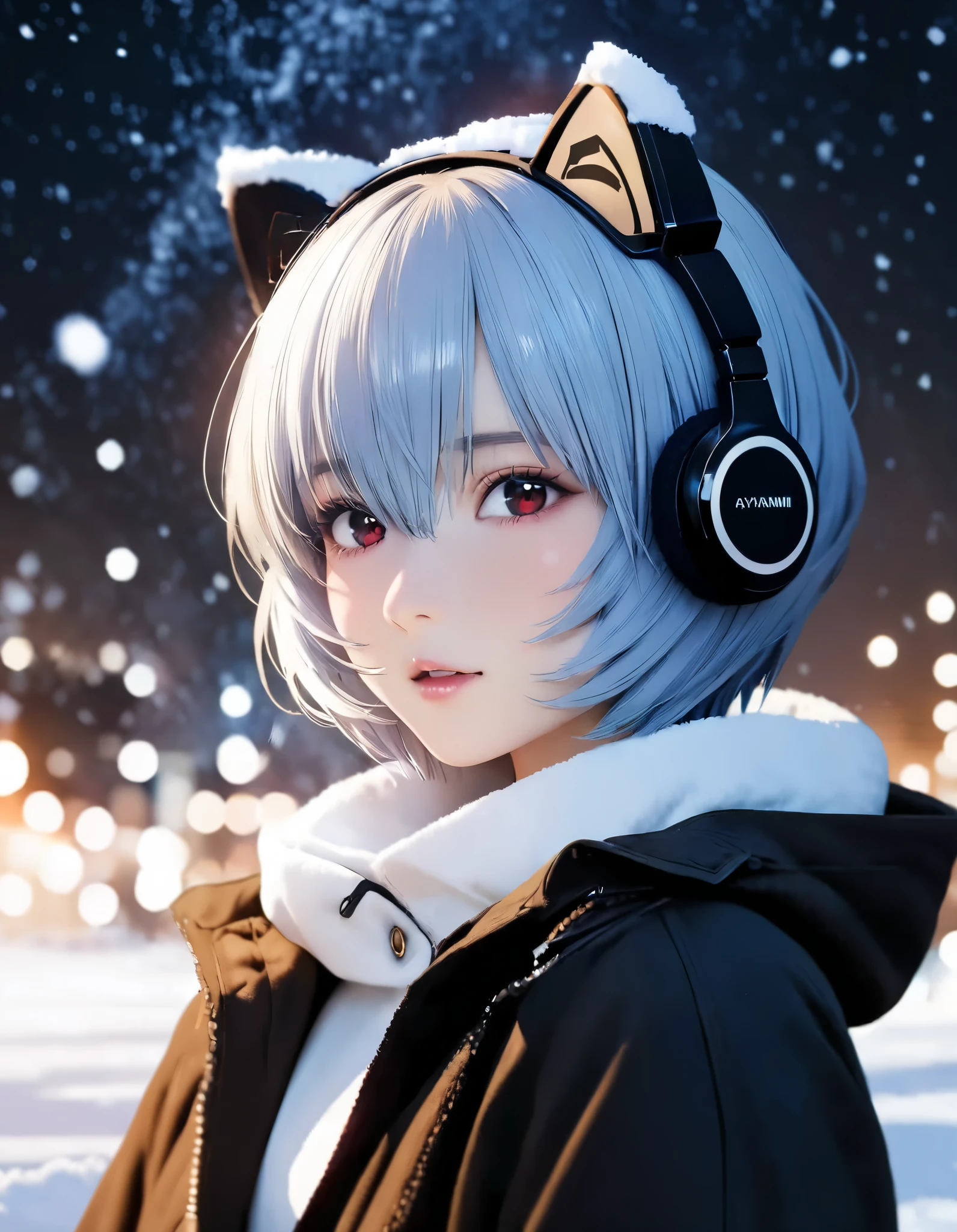 (best quality, 8k, high resolution:1.2), 1girl, ayanami_rei, night sky, snow, winter, cat ear headphone, upper body