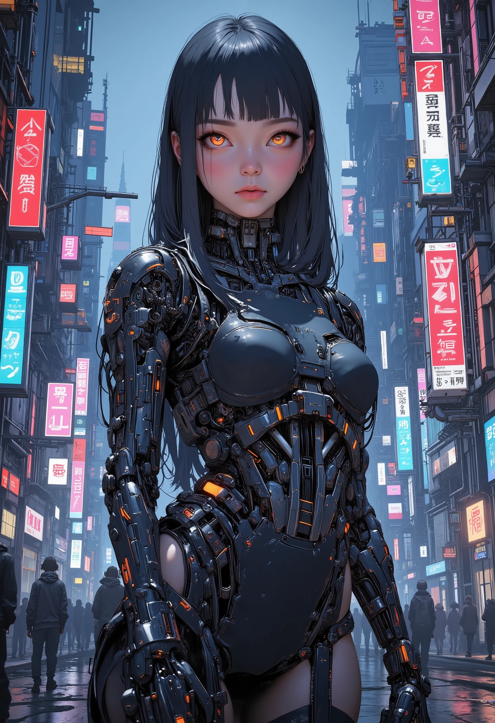 ((anime art style painting)) of (perfect Asian cyberpunk girl))), (((wearing incredibly detailed Harajuku clothing))), ((LED lights)), (shapeless long hair), perfect features, ((((full figure) dynamic pose))), (((cyberpunk city street))), abstract beauty, near perfection, pure form, concept art, intricate detail, 8k post-production, High resolution, super Detail, trending on ArtStation, sharp focus, studio photos.