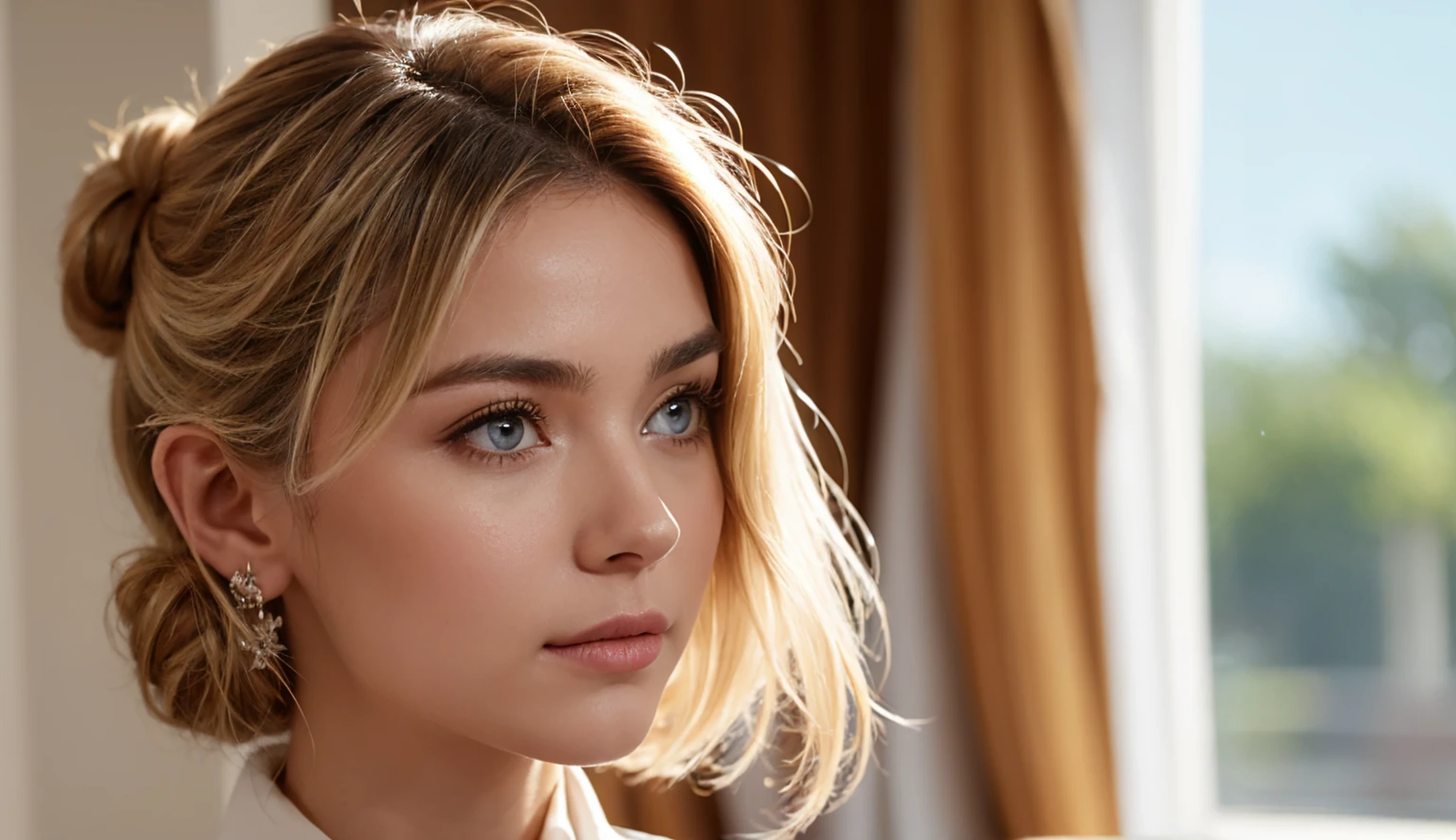 One-shot (e.g. camera shot), Eyes are in focus, Highlight on eyes, Direct light, Small face (of a woman; generally considered attractive), Slender face, Super close-up from behind, chignon (ladies' hairstyle), 30-year-old, Nordic cute beauty, Blonde hair, beautiful nape of neck, white blouse, Well-lit room,