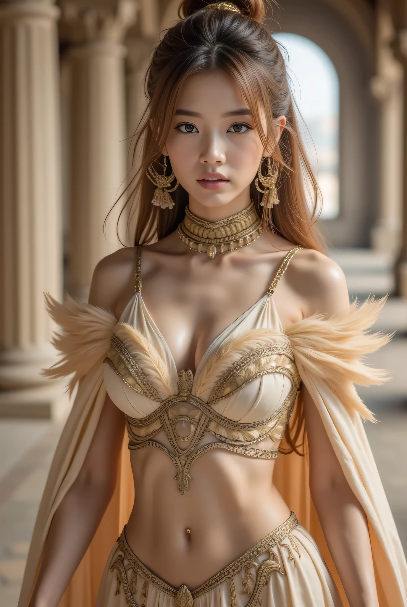 (8k, top quality, Masterpiece), ( realistic , photo realistic : 1.37), very detailed , one girl , {Feather armor 、 Phoenix Knight} , Bust Up、Big bouncy breasts 、 moves your bust closer with your arms 、 crosses arms slightly 、 Very Delicate Depiction 、 realistic 要素と幻想的要素を組み合わせた複雑な模様の鎖帷子と着物を融合した鎧 , Wear intricately patterned chain chains , Braided Chain 、 Raise your fist 、 World of Reality and Illusion ( Swirling Fire Cloak :1)、 staring at the camera 、 Inside a Medieval Castle、Cute double teeth、 A disdainful look
