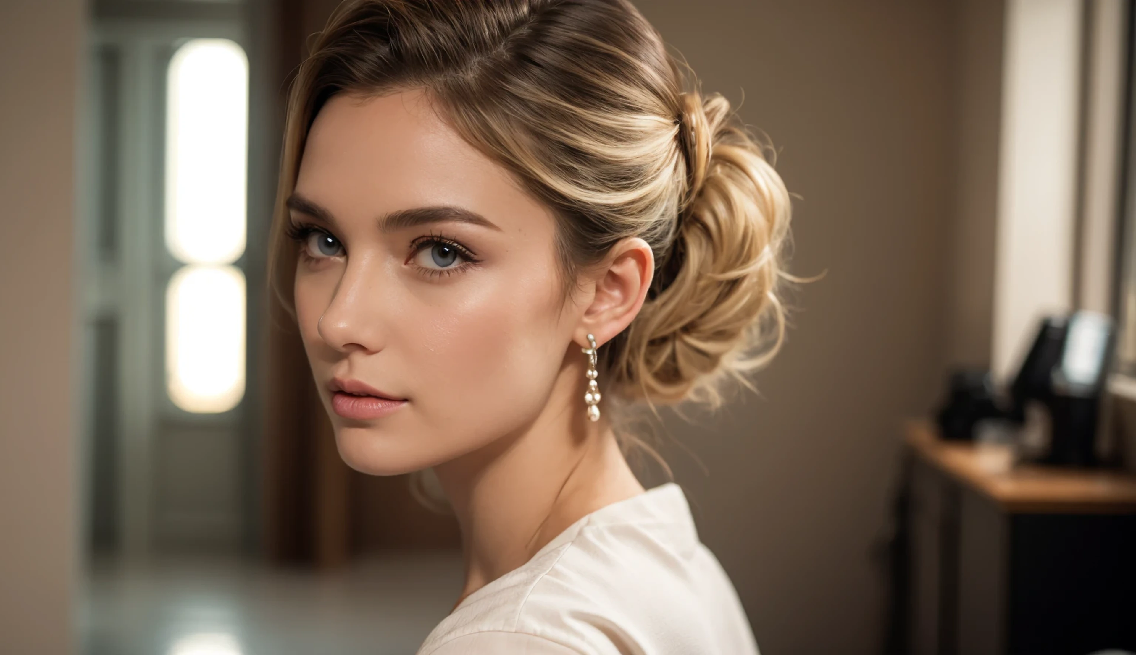 One-shot (e.g. camera shot), Eyes are in focus, Highlight on eyes, Direct light, Small face (of a woman; generally considered attractive), Slender face, Super close-up from behind, chignon (ladies' hairstyle), 30-year-old, Nordic cute beauty, Blonde hair, beautiful nape of neck, white blouse, Well-lit room,