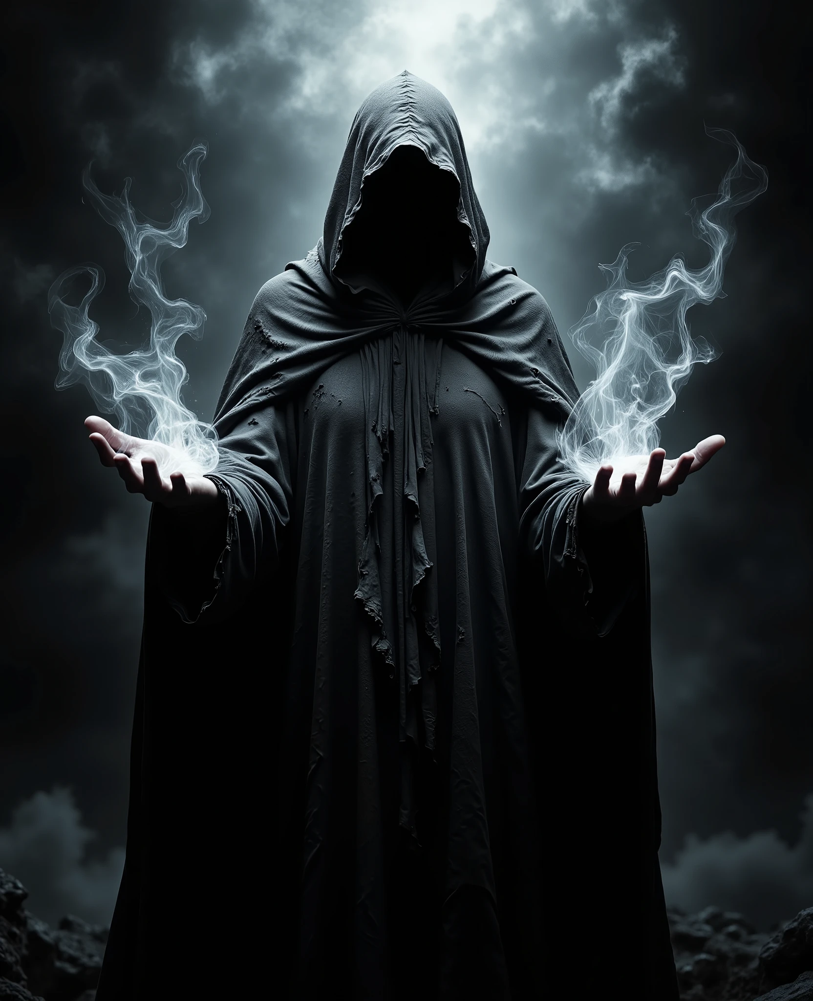 This is a dramatic, CGI-generated image depicting a powerful, mystical scene steeped in void-like darkness. The central figure is an imposing, hooded entity, draped in a tattered cloak that billows eerily around them, as if alive with the essence of shadow itself. Their face remains obscured by the deep shadows of the hood, enhancing the enigmatic and ominous atmosphere. As they stand with arms raised and hands open, a swirling mass of void energy radiates from their fingertips, distorting the surrounding darkness and hinting at their immense control over the chaotic forces of the abyss that swirl around them, pulling in light and matter alike.