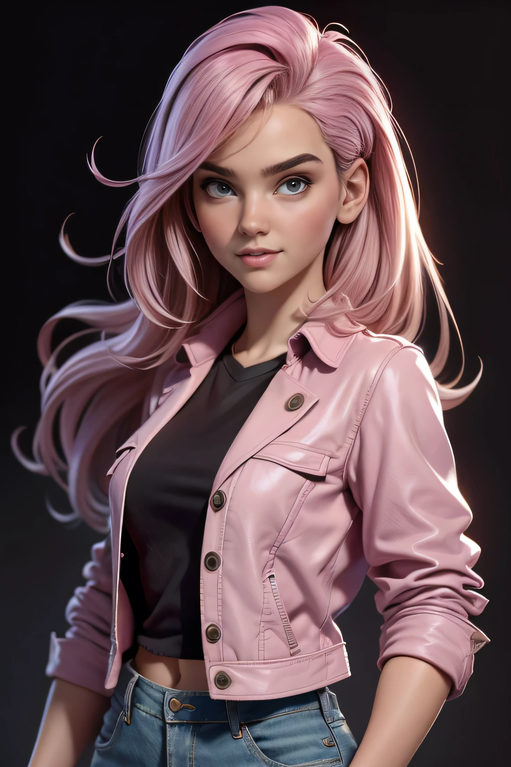 Young woman, light pink hair, violet eyes, short jacket, ironic smile, well-fitting blouse , tailored jeans , classic sneakers, face to the camera, Dynamic Pose , masterpiece , super detail, lyrics, natural lighting , sharp focus, ultra resolution , plain white background , without patterns, No textures.