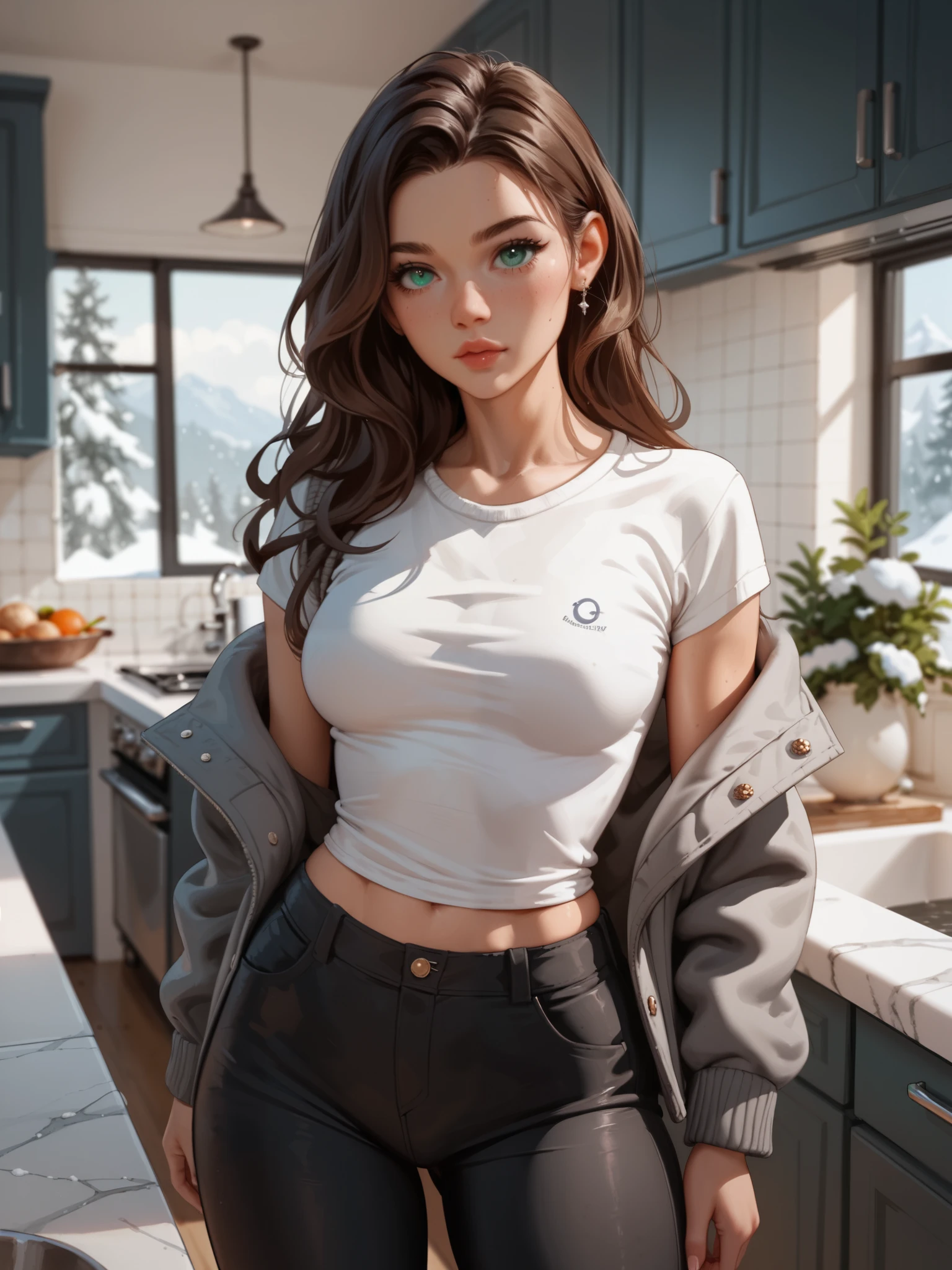 masterpiece, best quality, extreme Detail, Anatomically correct , Young woman standing alone in the kitchen , ( standing in sexy pose ), Young woman wearing a gray t-shirt , wears an open snow-white sweater jacket, wears tight long black pants , Young woman has medium sized breasts , (40H ), ( wide hips ), Young woman is slim , Young woman looking at observer , facial expression seductive and cokes, Young woman has dark brown long hair , Young woman has teal eyes ,
