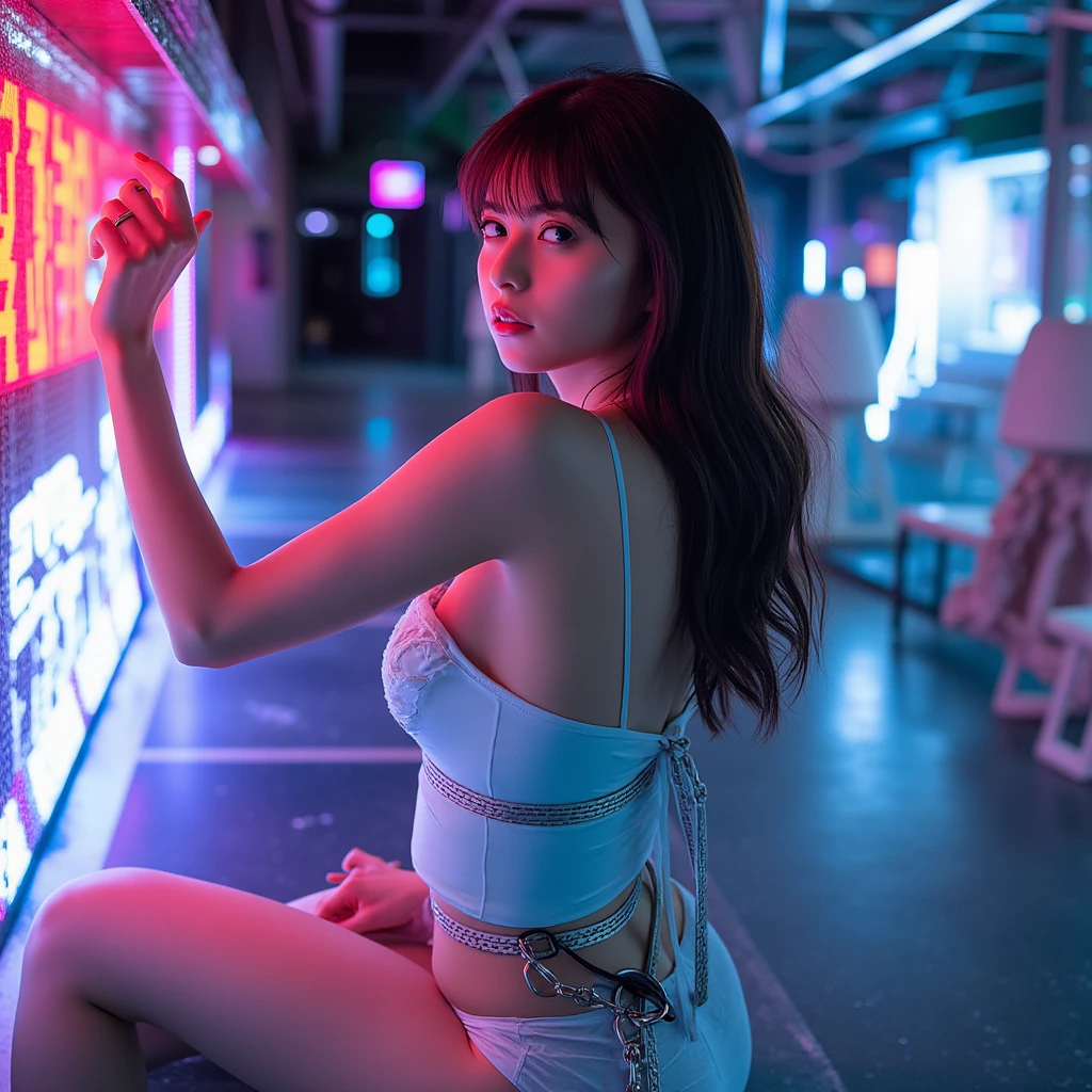 cute woman, tech wear, sitting in old-school sofa, retro plaid sofa, 70's atmoshphere, neon technologic outfit, glowing effects, crazy colors, great color palete,virgin destroyer sweater, sideboob, underboob, white panties, white thighhighs,retro interiors, interior design,