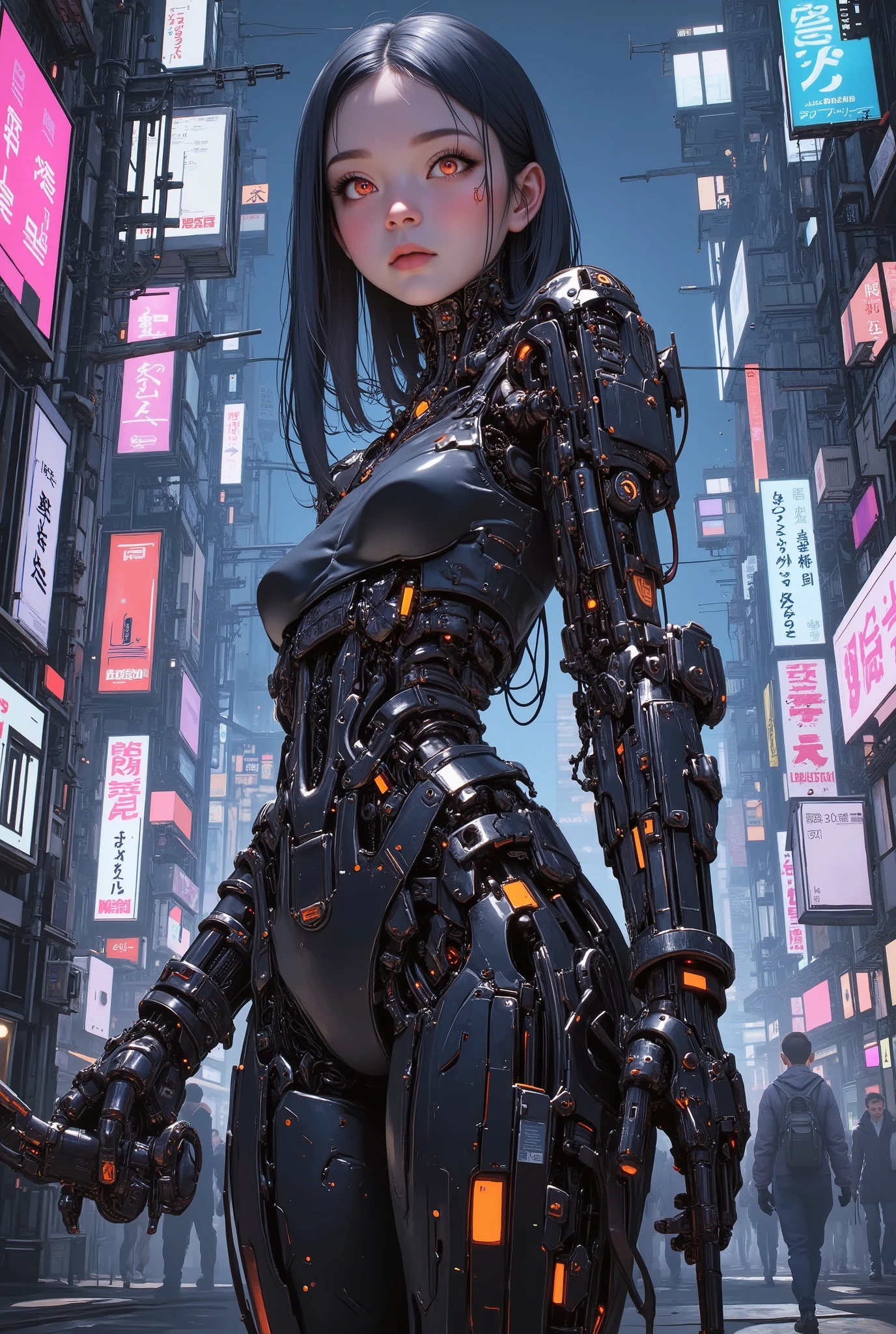 ((anime art style painting)) of (perfect Asian cyberpunk girl))), (((wearing incredibly detailed Harajuku clothing))), ((LED lights)), (shapeless long hair), perfect features, ((((full figure) dynamic pose))), (((cyberpunk city street))), abstract beauty, near perfection, pure form, concept art, intricate detail, 8k post-production, High resolution, super Detail, trending on ArtStation, sharp focus, studio photos.
