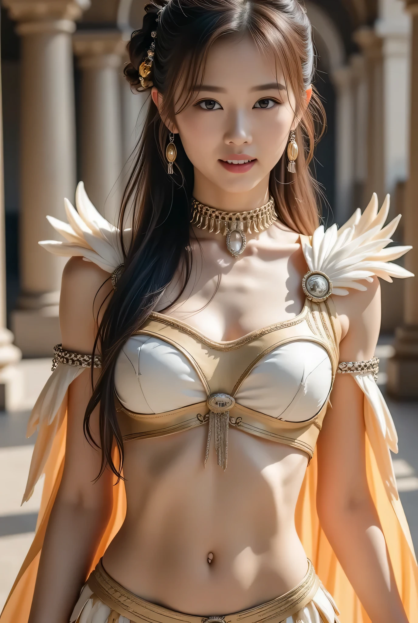 8K,Beautiful Native American Princess, woman,Very small revealing dress made of feathers, magic, Tempting, Hot and humid, full length, woman-body, Hazel eyes, bright, , Overall details. Beautiful blurred background, Perfect face and eyes, Ultra-detailed and ultra-maximized dynamics