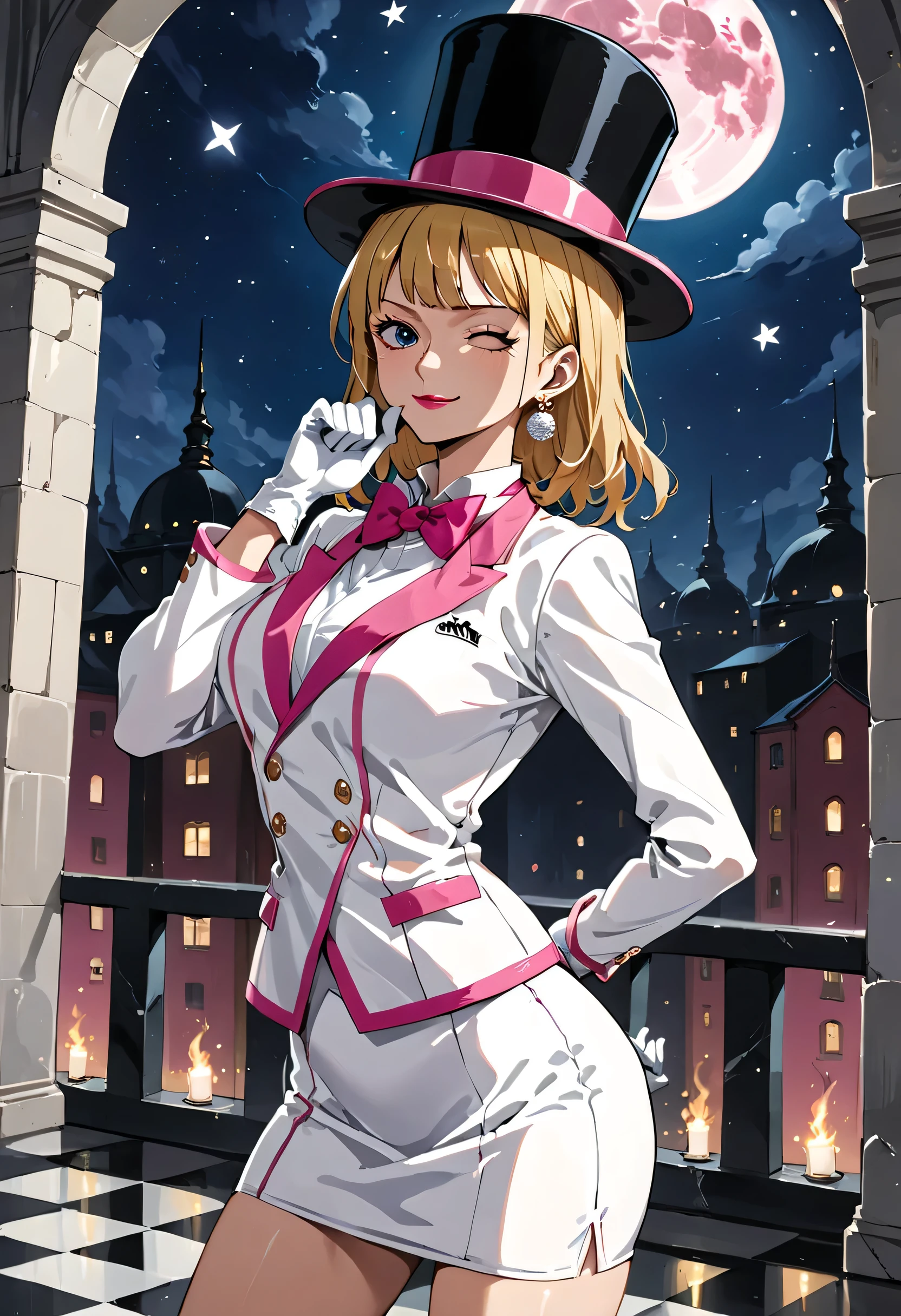 (masterpiece, best quality), solo, stussy, ((one piece)), blonde hair, earrings, blue eyes, red lipstick, sleek legs, (((oversized white silk top hat with pink trim))), (((white tuxedo with pink trim, long sleeved))), ((dark pink bowtie)), (((white miniskirt with pink trim))), ((white high heels)), ((white gloves)), (smiling, coy, serene), (dapper), posing in a marble courtyard, (night scene, starry background, full moon in the sky), standing with both hands behind back, (glamorous pose, prim and proper pose), eyes closed, close up shot, facing the viewer