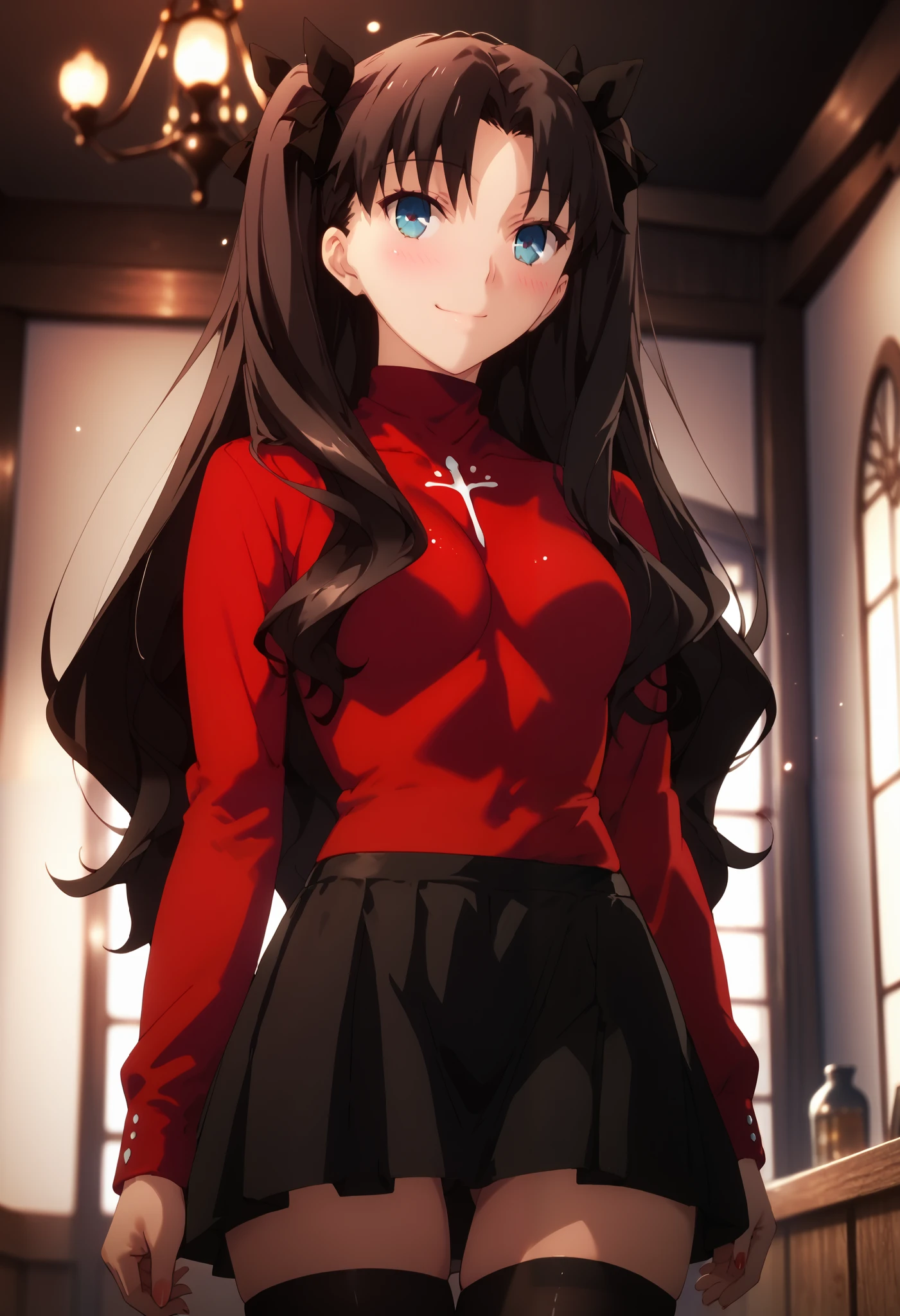 1girl, tohsaka rin, solo, dutch angle, black hair, blue eyes, (beautiful detailed eyes: 1.4), red turtleneck sweater, black skirt, thigh-high stockings, smiling, eyes closed, blush, natural pose, indoors, wallpaper, masterpiece, dramatic lightning, best quality, good quality, newest, ultra quality, high detailed