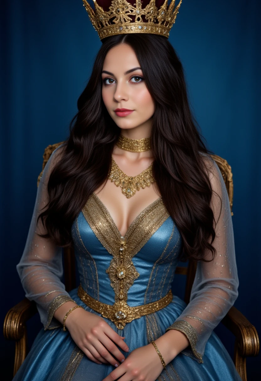 Foto bruta, mulher 25 anos, Image up to size in the center of the composition, ((Longas, preto, curly hair)), olhos azuis, arrogante, vagabunda, arrogante, embroidered with gold from the early Middle Ages (vestido azul escuro) com Longaso, grande, Spacious straight sleeves, em um castelo medieval, Fundo desfocado, 8k UHD, dim lighting, Hiqualidade, grain of film, Fujifilm XT3