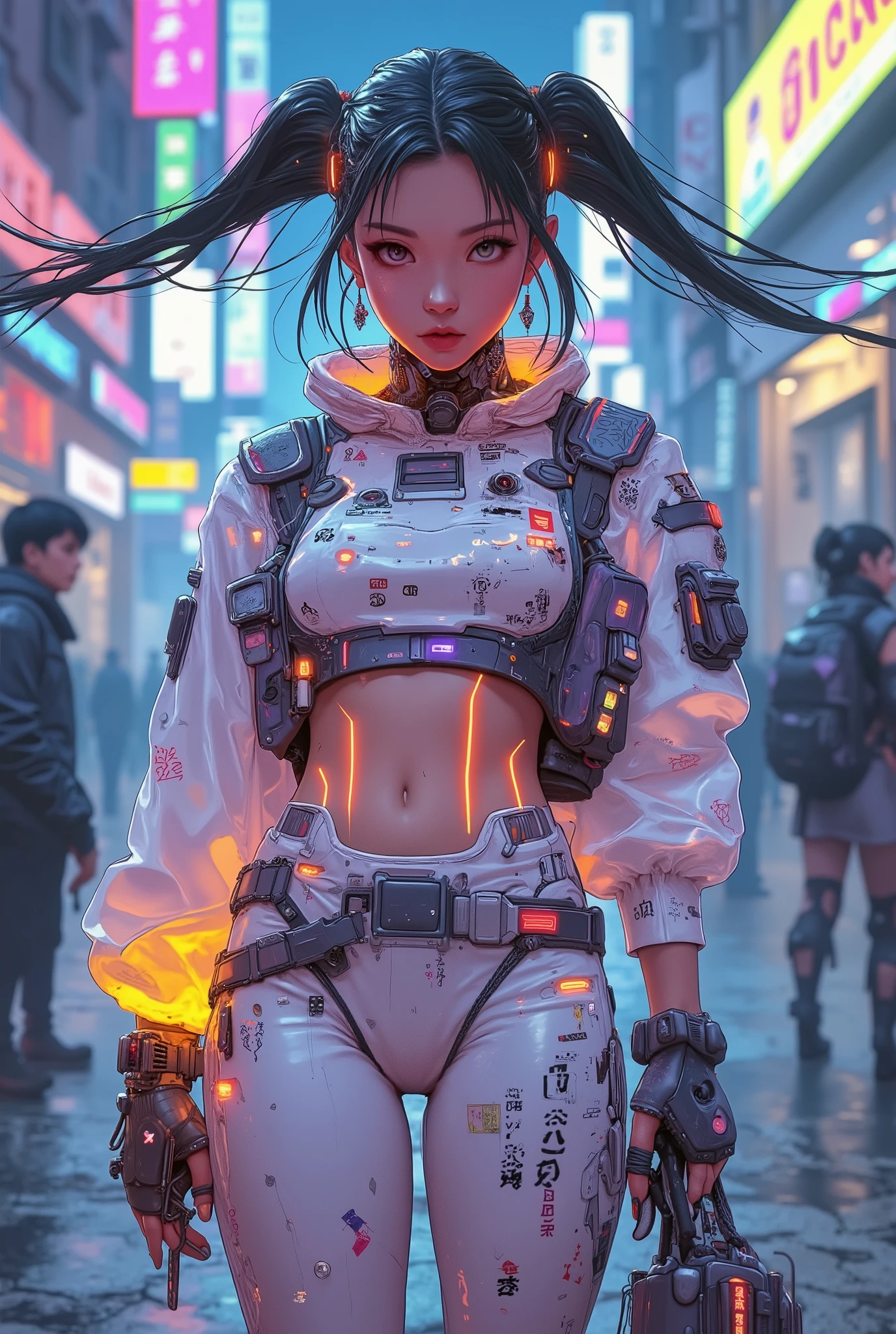 ((anime art style illustration) of (perfect Asian cyberpunk girl))), (((wearing incredibly detailed Harajuku clothing))), ((LED lights)), (shapeless long hair), perfect features, ((((full figure) dynamic pose))), (((cyberpunk city sidewalk/pavement))), abstract beauty, near perfection, pure form, concept art, intricate detail, 8k post-production, High resolution, super Detail, trending on ArtStation, sharp focus, studio photos.