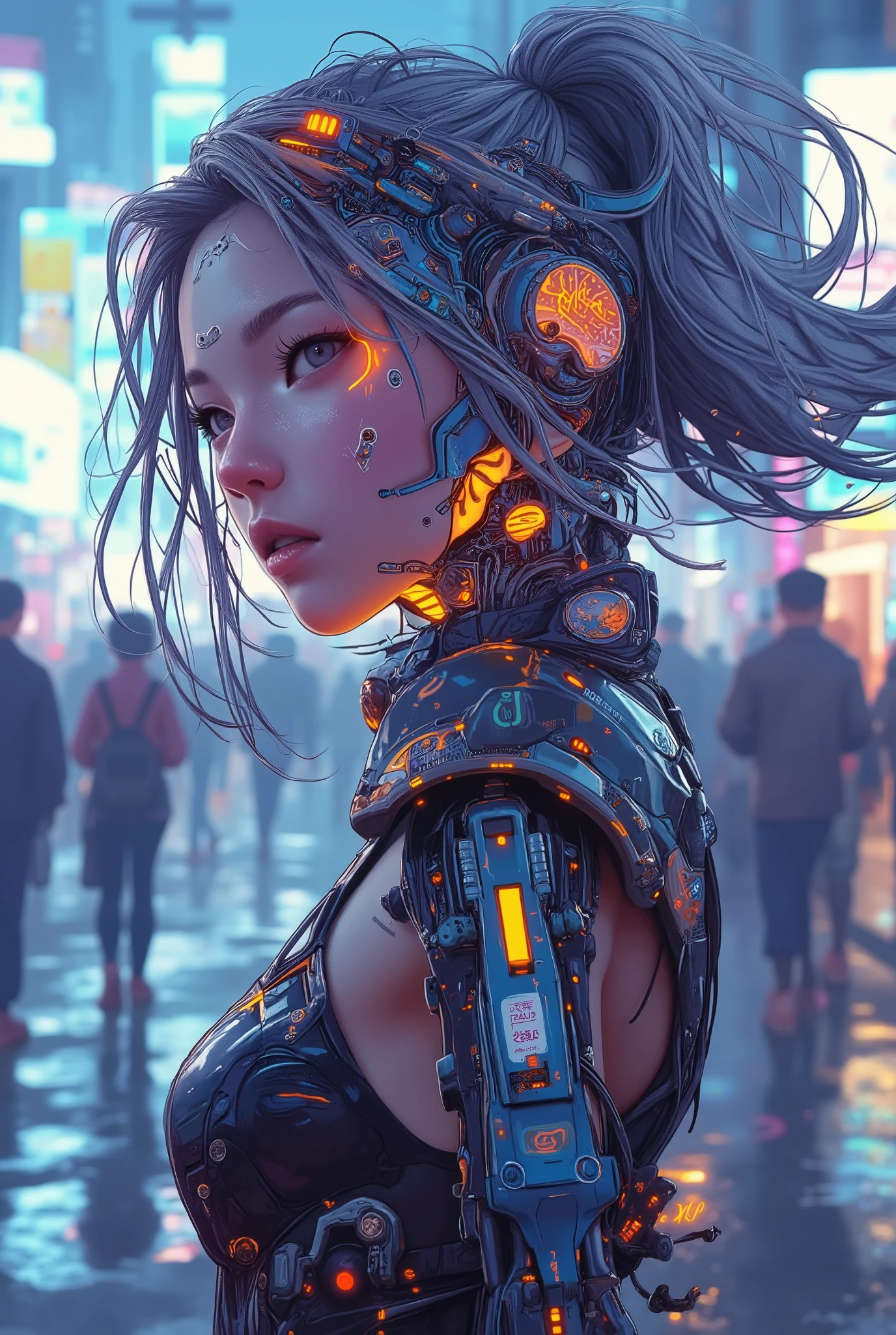 ((anime art style illustration) of (perfect Asian cyberpunk girl))), (((wearing incredibly detailed Harajuku clothing))), ((LED lights)), (shapeless long hair), perfect features, ((((full figure) dynamic pose))), (((cyberpunk city sidewalk/pavement))), abstract beauty, near perfection, pure form, concept art, intricate detail, 8k post-production, High resolution, super Detail, trending on ArtStation, sharp focus, studio photos.