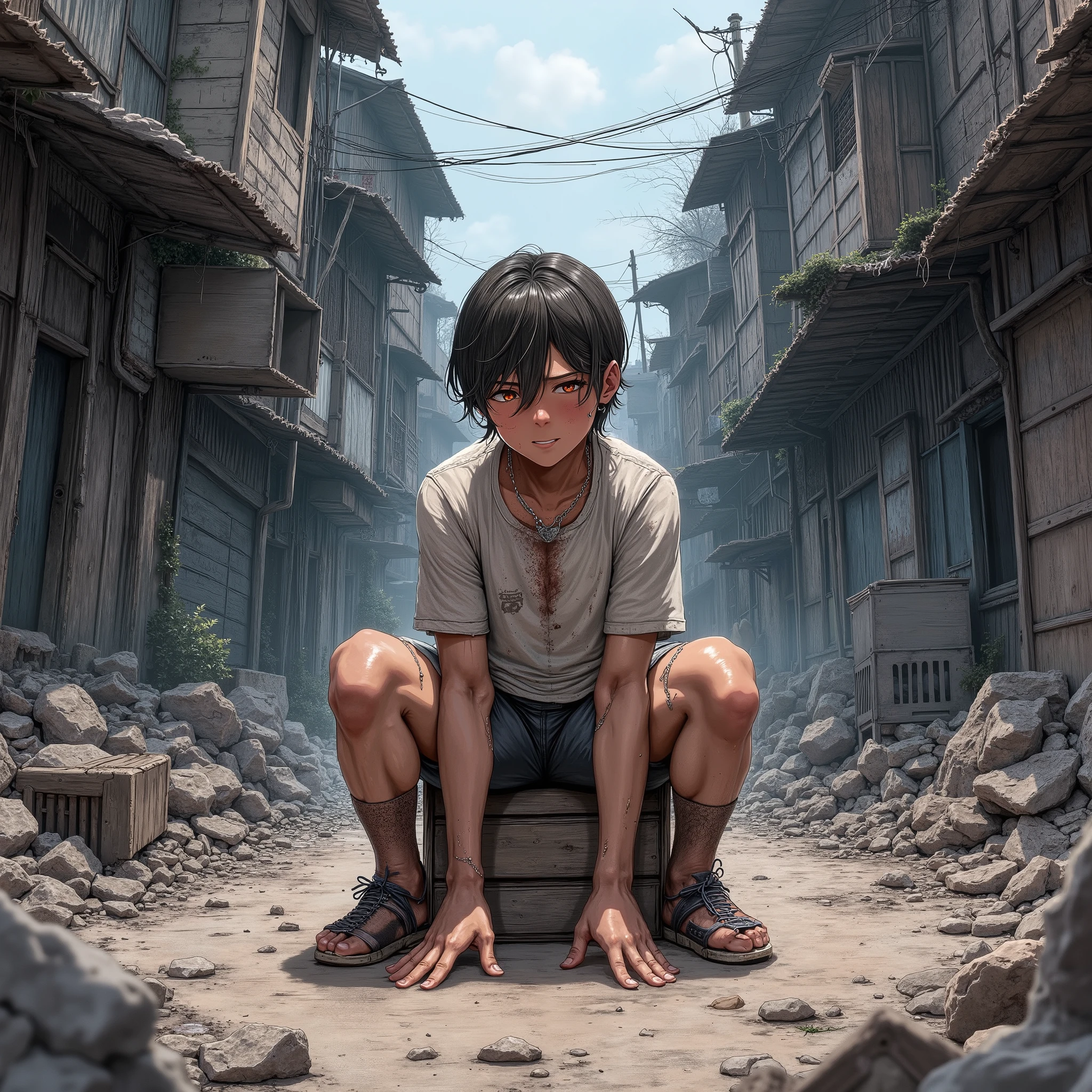 Generate an image in Shonen art style depicting a poor boy struggling for survival in a modern city. He is sitting front facing on a broken wooden crate in the middle of a slum, wearing tattered and patched clothing. The background shows a densely packed slum with rundown shacks, narrow alleyways, and scattered debris, emphasizing the harsh environment. The atmosphere should highlight struggle and resilience in an urban setting.