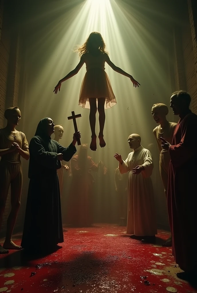 Full body view of happy Satanic children worshipping Lord Satan in a satanic temple