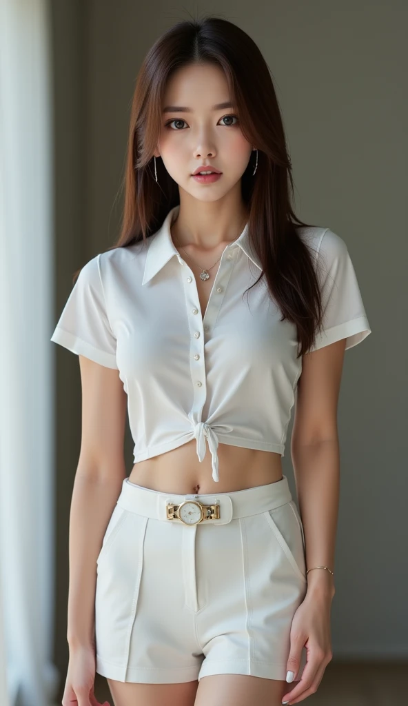 masterpiece:2.0,best quality, perfect face,Black medium hair,She wears a white shirt,Black hip skirt,wide hips,big breasts,office background