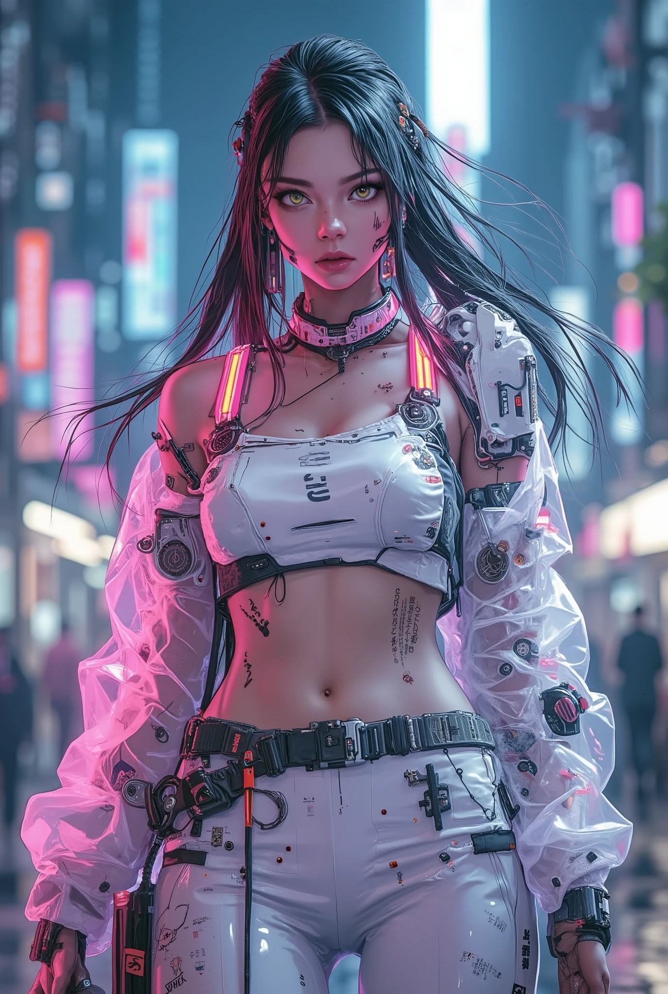 ((anime art style illustration) of (perfect Asian cyberpunk girl))), (((wearing incredibly detailed Harajuku clothing))), ((LED lights)), (shapeless long hair), perfect features, ((((full figure) dynamic pose))), (((cyberpunk city sidewalk/pavement))), abstract beauty, near perfection, pure form, concept art, intricate detail, 8k post-production, High resolution, super Detail, trending on ArtStation, sharp focus, studio photos.