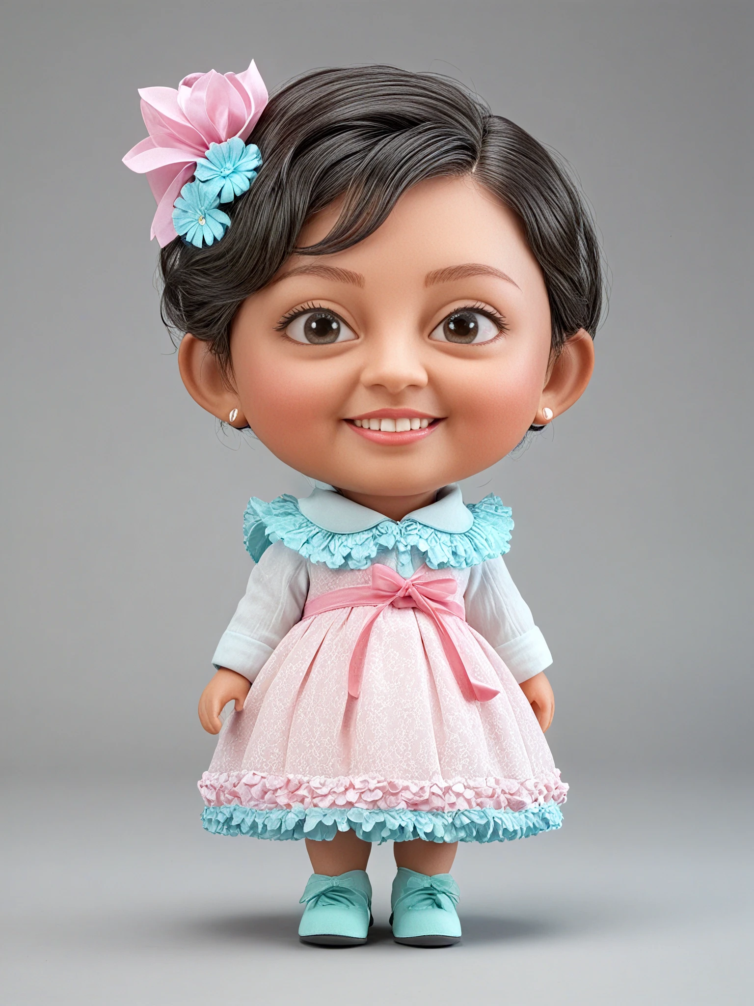 a happy cute  smiling with two teeth apparent, a red ribbon on the top of the head, wearing a red dress, high quality