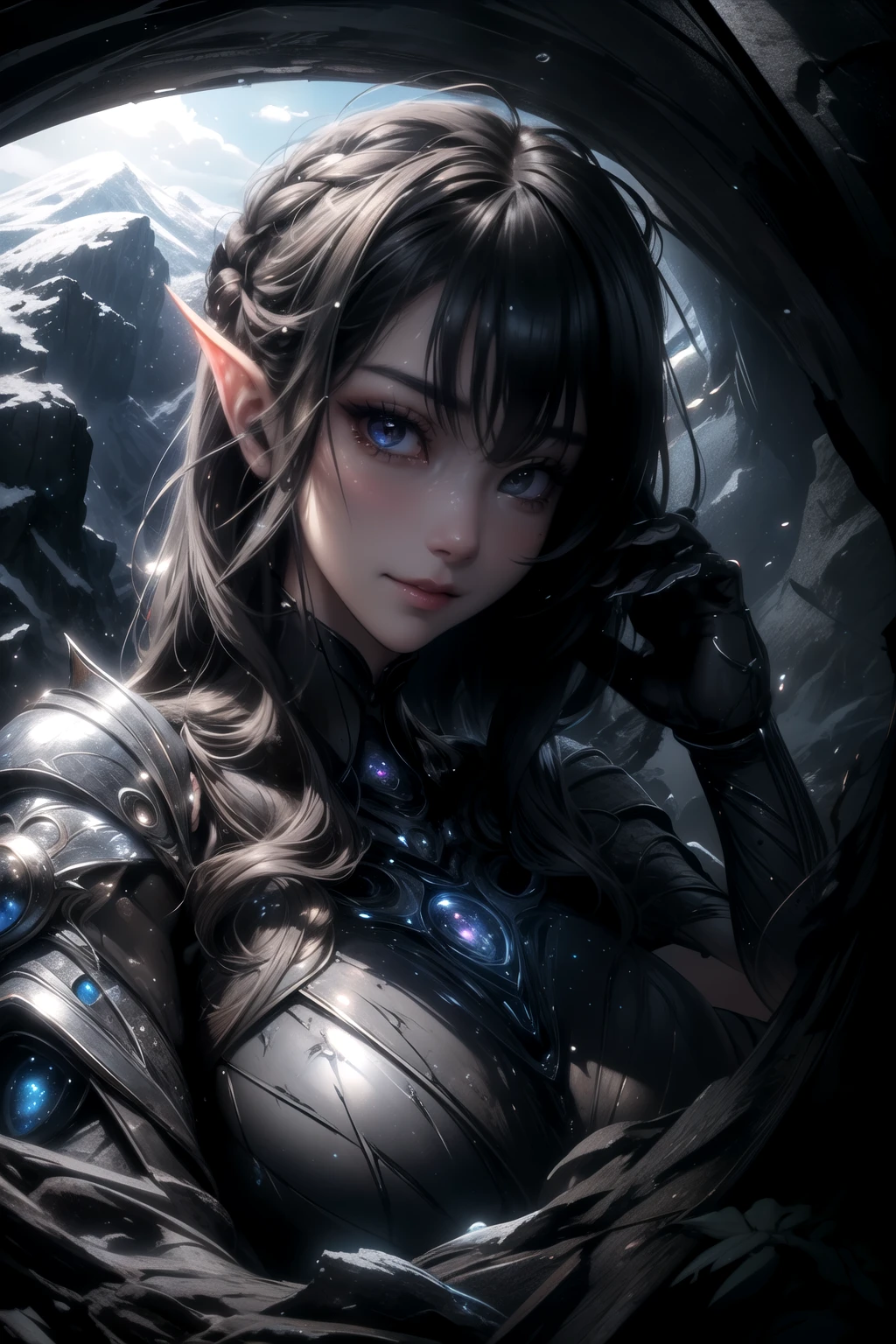 (ultra Realistic) , (illustration), (Enhance resolution), (8k), ( Extremely Detailed), ( detailed face ), Slim Body, in the dark , deep shadow, low profile, pureerosfaceace_v1, Happy smile, Winter, Mountain