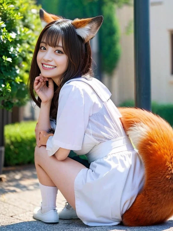 ((highest quality)), ((masterpiece)), (get used to it), perfect face, fox woman, Beautiful woman, public, A tail is growing, she has a fluffy tail, she has a fox tail, she wags her tail, smile, collar and leash, get down on all fours, she is wearing a nurse uniform, beautiful hips, big breasts , big tail