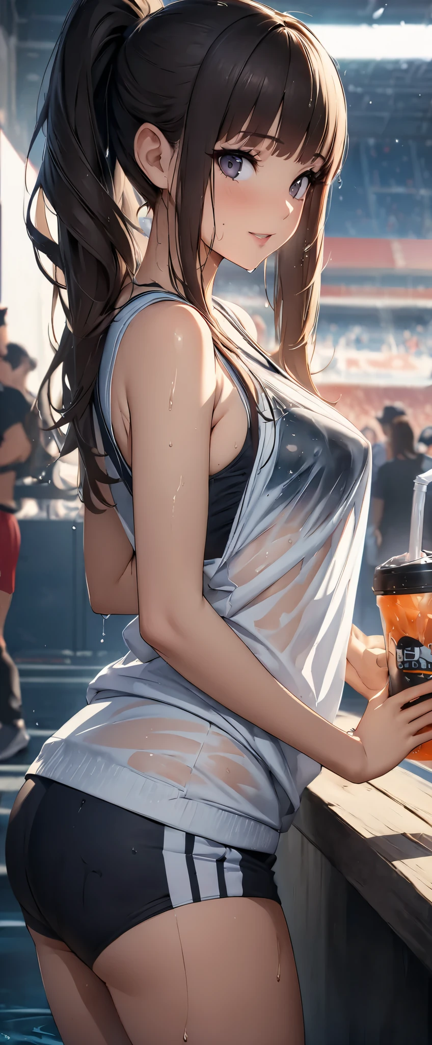 (((masterpiece)))、(( best quality ))、( super detailed )、(CG illustration)、(Very beautiful woman))、 movie-like light 、((1 Female))、 、(Beautiful and luxurious:1.2)、( One Woman :1.3)Sports Stadium,,((Japanese white sleeveless gym clothes), wet with sweat ,Beautiful ponytail,Drink a sports drink,,Rokka,( the clothes show through and you can see the bra)