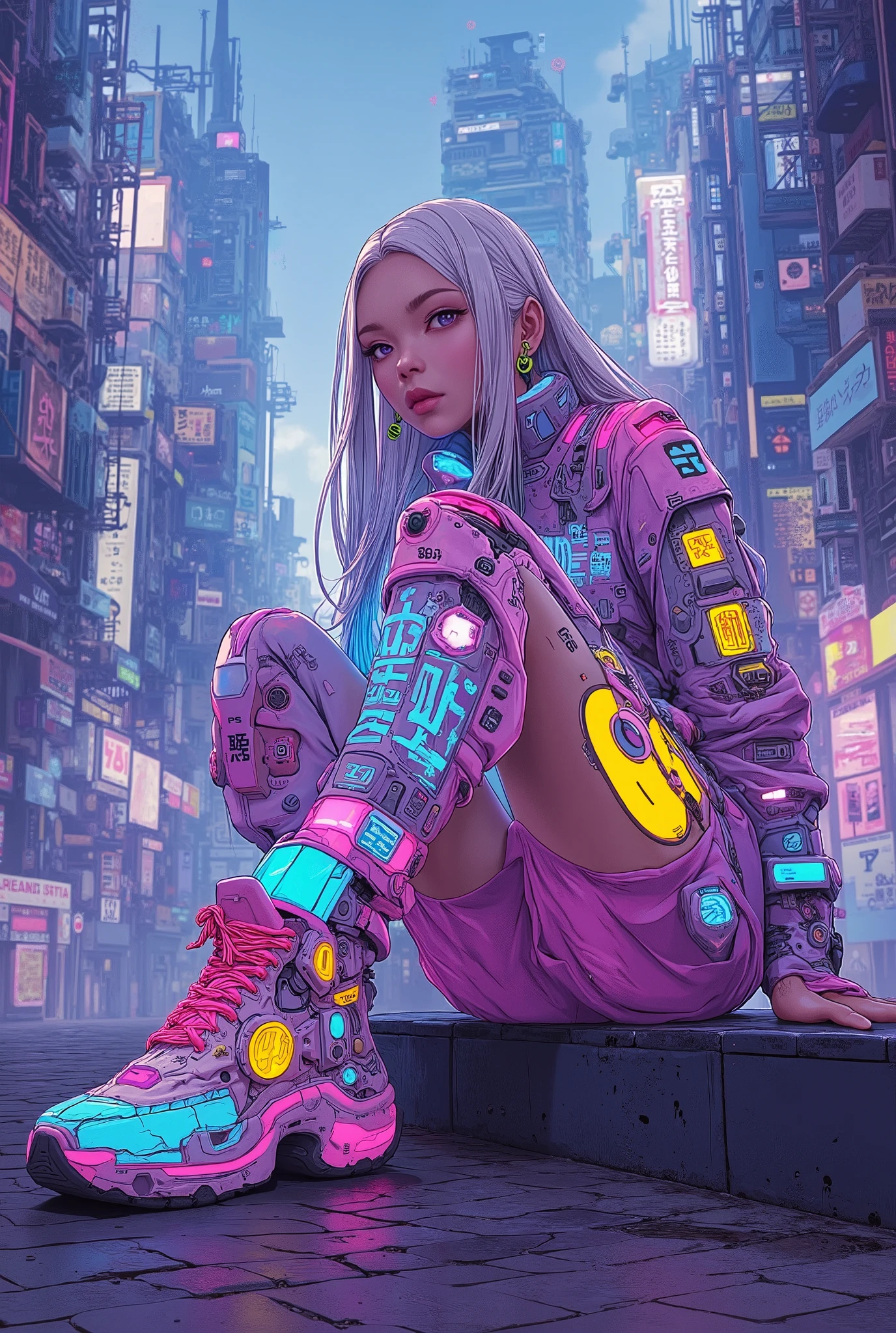 ((anime art style illustration) of (perfect Asian cyberpunk girl))), (((wearing incredibly detailed Harajuku clothing))), ((LED lights)), (shapeless long hair), perfect features, (((sitting on cyberpunk city sidewalk/pavement))), abstract beauty, near perfection, pure form, concept art, intricate detail, 8k post-production, High resolution, super Detail, trending on ArtStation, sharp focus, studio photos.