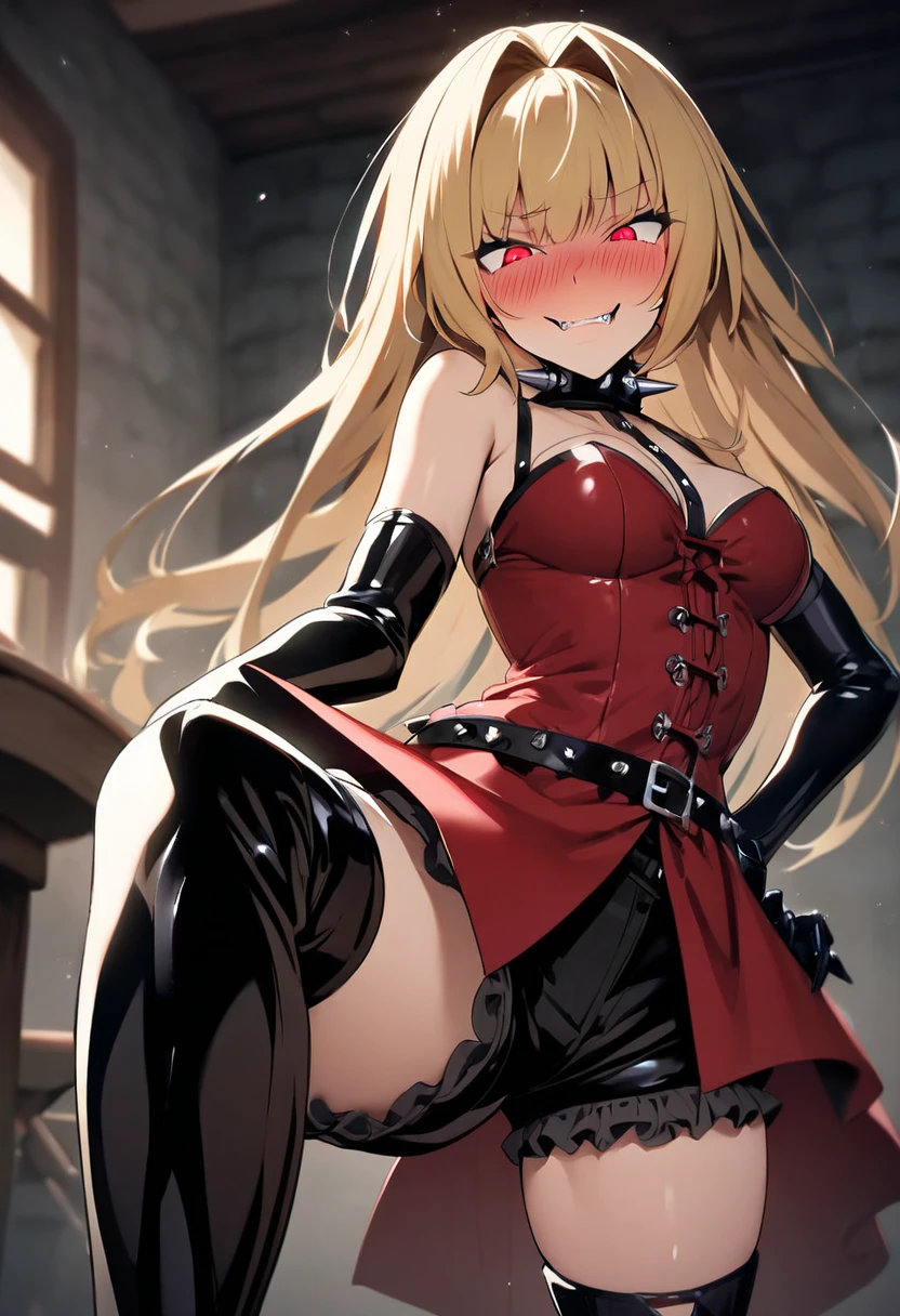 konjiki no yami,two side up, blonde hair, red eyes, small breasts, black dress,miniskirt,thigh belt,cleavage cutout,detach sleeves embarrassed, puffy cheeks, blush, frown,