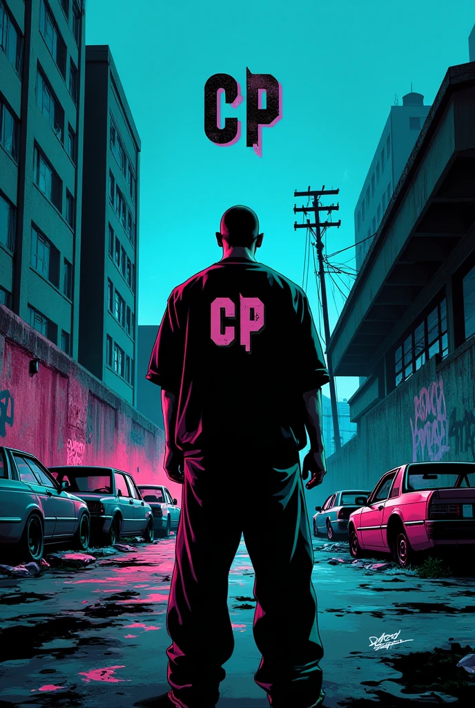 Creat wallpaper 4566 ×3766and creat logo text "CP" for It is a GTA San Andreas gang war ballas betwen grove cj game. I used only two colors: black, light blue, and light pink.