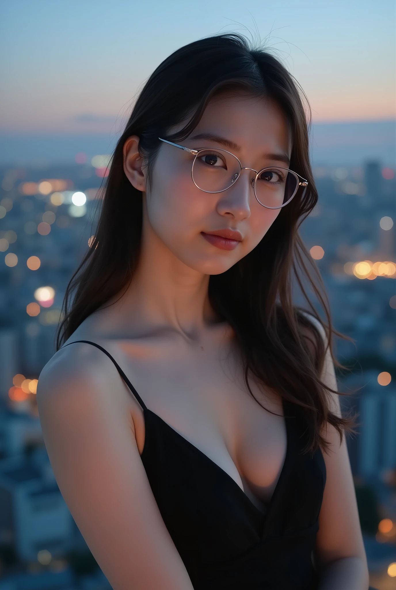 The night view of the city spreads out vaguely in the background 。 pose leaning against the edge of a building 、 delicately illuminates the model's facial features 、 enhances adult appeal 。The model is a 26-year-old Japanese woman 、 and has an intellectual and sophisticated atmosphere 。 wearing thin-framed glasses 、 has a straight dark brown 。 the soft amber light at dusk 、 long enough to hang over her shoulders 。 of Japan taken on the roof of an urban skyscraper Gravure idol portrait {x} costume is a simple yet elegant black camisole dress and pumps with thin heels。 The 、The gaze looking into the distance is impressive 。 The sophisticated, mature beauty stands out 、 impression that combines coolness and friendliness 。
