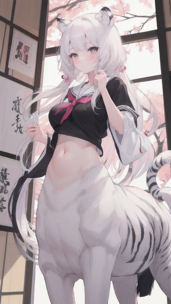 (best quality, masterpiece), 1 girl, centaur, It takes, White skin, Japanese female idol , exposing the abdomen,belly button t-shirt, 아름다운 소녀 perfect white tiger photo, perfect white tiger photo