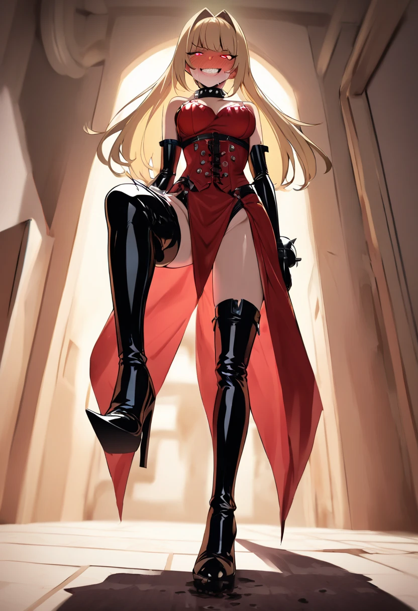A shot framed by rows of cold, calculating LED lights casts an eerie glow on a lab filled with human bones. A stunning woman, her blonde hair styled neatly, stands amidst the relics in stiletto heels and a provocative outfit - a red pencil suit with a low-cut top and a red miniskirt. Her piercing blue eyes seem to gleam with intelligence and malice behind sharp silver-rimmed glasses. As she smiles at the camera, her beauty and seductive charm are undeniable, even amidst the gruesome experiment's results.