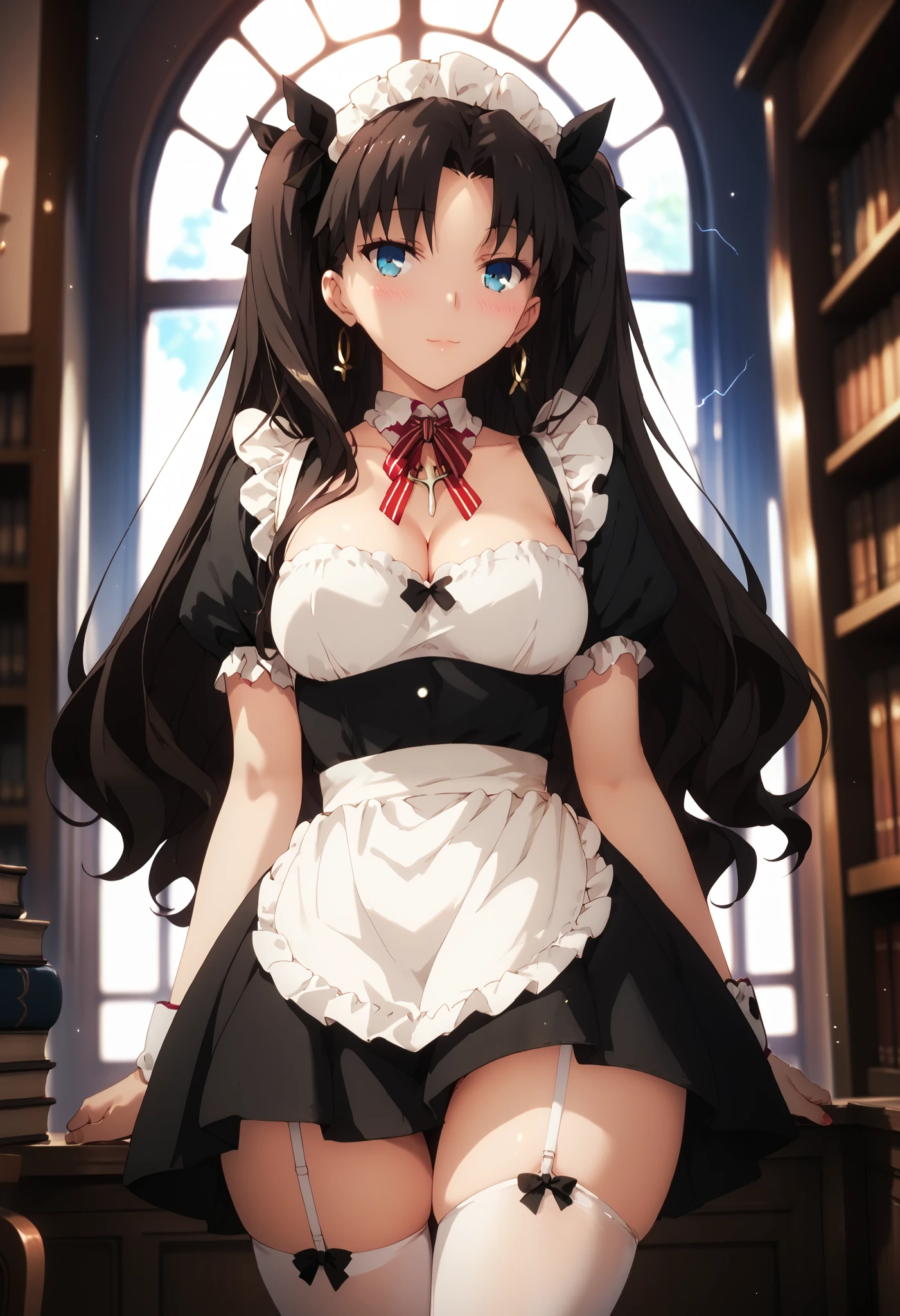 1girl, tohsaka rin, solo, dutch angle, black hair, blue eyes, (beautiful detailed eyes: 1.4), maid outfit, cleavage, thigh-high stockings, thicc thighs, joyful expression, blush, seductive pose, library, wallpaper, masterpiece, dramatic lightning, best quality, good quality, newest, ultra quality, high detailed
