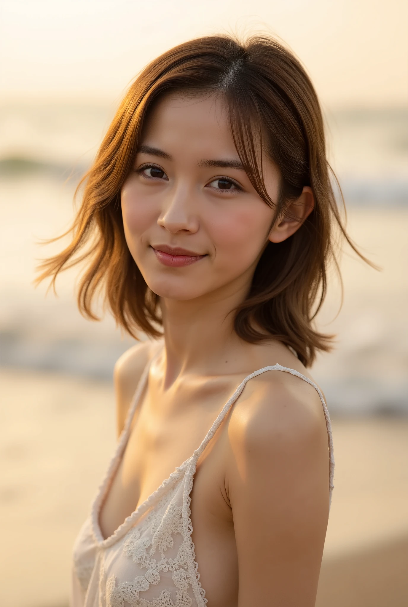 A portrait of a Japanese gravure idol taken on a beach at dusk.。The warm orange natural light envelops the model.、The soft shadows accentuate her beauty.。The model is a 26-year-old Japanese woman 、Her slender figure and calm smile are impressive.。Her shoulder-length, medium-length hair is blowing in the wind.、She exudes natural charm.。She is wearing a white lace summer dress.、She gives off a clean and refreshing impression.。In the background, gentle waves spread out、The beauty of Japanese summer and the charm of an idol are in harmony.。