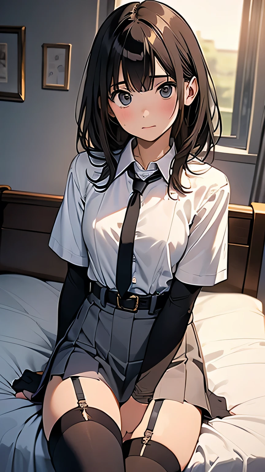Brown Hair、Staring at the audience　　　Black suspenders　　　bulging big breasts　　 　 　　　wall: 　Black pantsuit　　　　　　sight　　　Small face　 　　　holster　　　Beautiful woman　　Show your hand　　 Lying in bed　　sight 　　Taunt　side　side汗 　arm　Dress shirt　Black Suit　belt