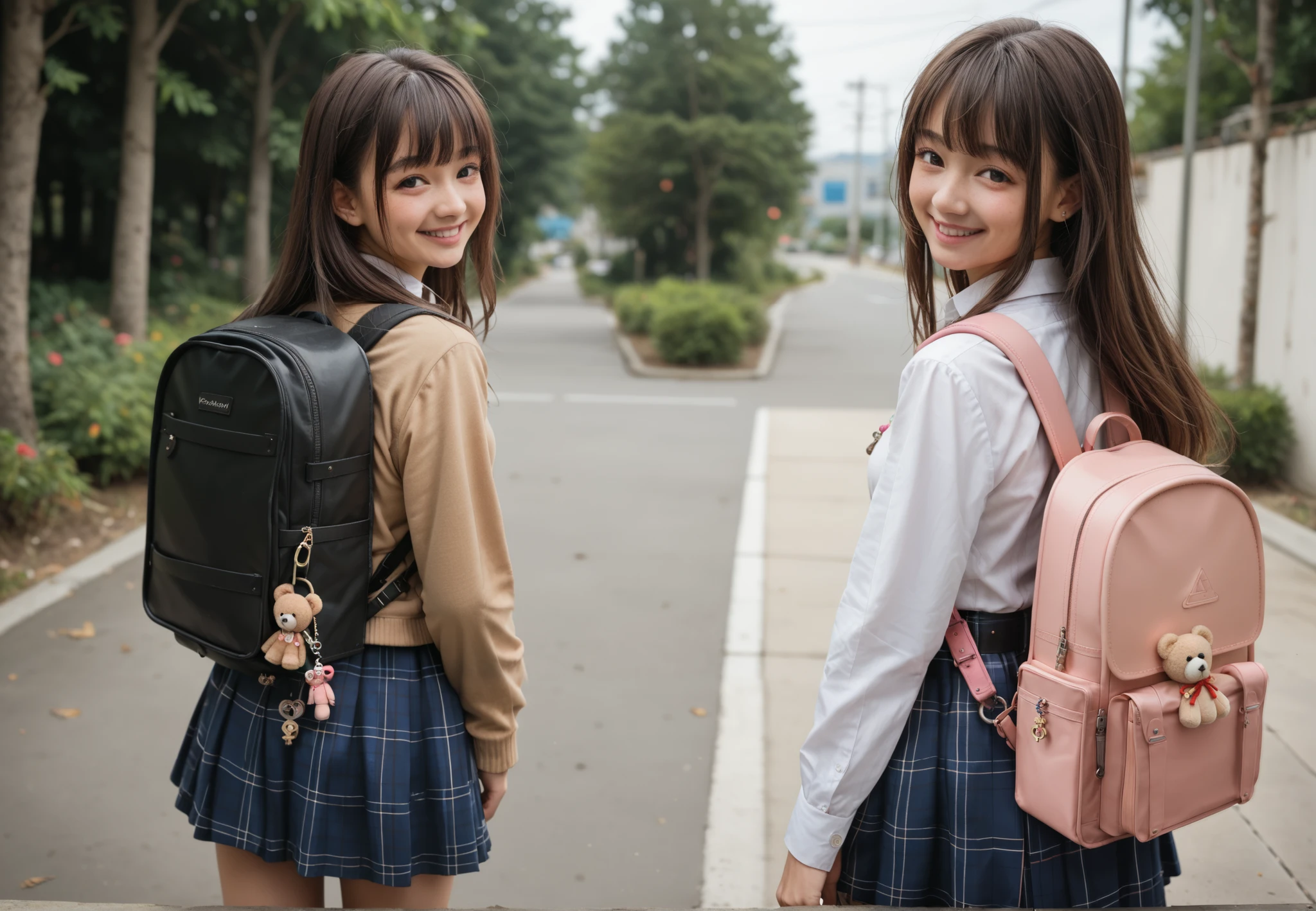 Masterpiece, hd, realistic, best quality, 2girl, ((closed mouth, smile, light blush, long hair, bangs, black hair, wearing white collared shirt, long sleeves, blue skirt, plaid skirt, wearing black belt, outdoor,  smile,  standing, cowboy shot, wearing backpack, pink backpack, keychain, doll keychain, casual backpack, , back view)), ((closed mouth, light smile, light blush, long hair, bangs, brown hair, wearing white collared shirt, brown sweater, long sleeves, blue skirt, plaid skirt, outdoor, smile, standing, cowboy shot, wearing backpack, black backpack, adventure backpack, daypack, keychain, Teddy doll keychain, , back view)), standing, outdoor
