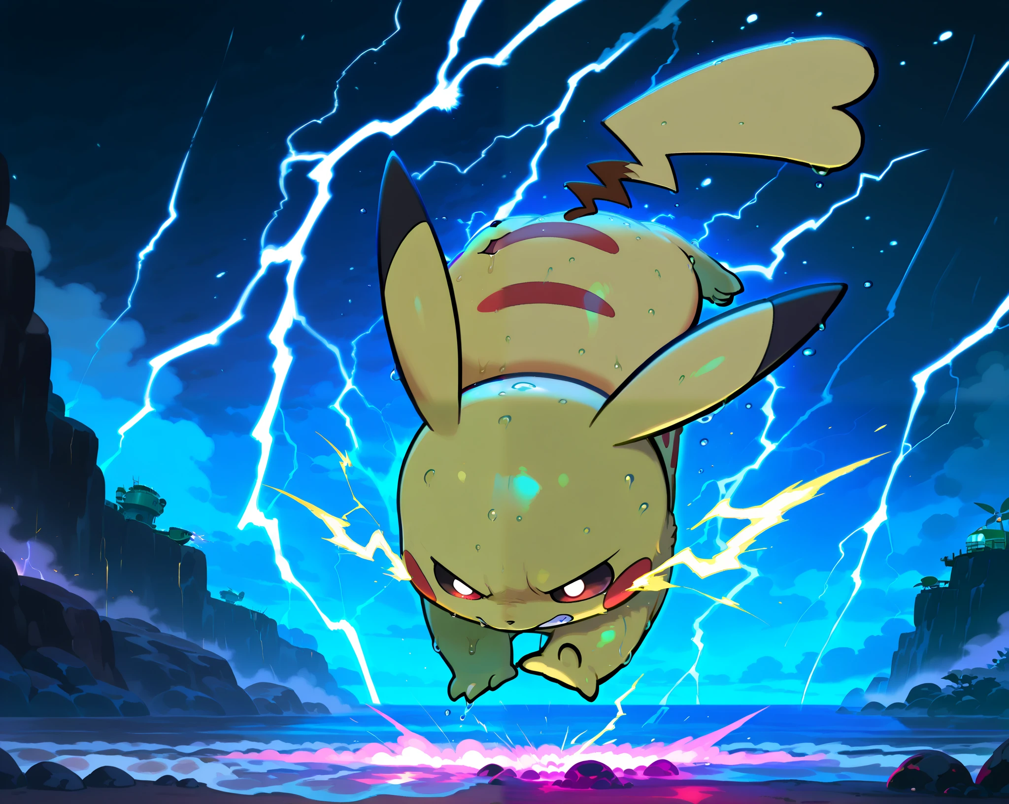 (pikachu), pokemon, thunder attack, rainy coast and broken dock, night, lightning, creature, solo, dark ambience