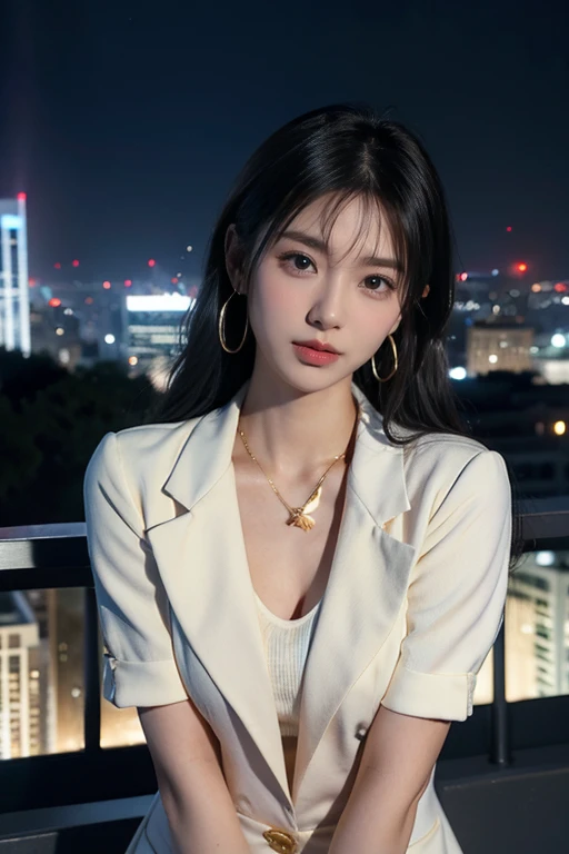 (in 8K、Raw photography、Highest Quality、realisitic、Photorealsitic、Professional Lighting、masterpiece、Extremely delicate and beautiful、Highly detailed、finely detail、ultra-detailliert、hight resolution、beautiful and detailed face、Textured skin、full-shot:2、low angles:1.5)、1girl in、Alone:2、Beautiful model sitting alone with her crotch open、Beautiful face:2、Open your legs 120 degrees:2、Open your crotch:2、M-shaped legs、short shiny skirt、Wet white panties:1.5、Pubic hair sticking out of panties、The shape of the woman's pubic area is clearly visible、no panty、White Blazer、Long body、Hostess、22year old、Good posture、Straight spine、Brown hair、White high heels、anklets、gyuru、a necklace、A bracelet、ear ornament、Chanel Accessories、Stairs at Shinjuku Station at night