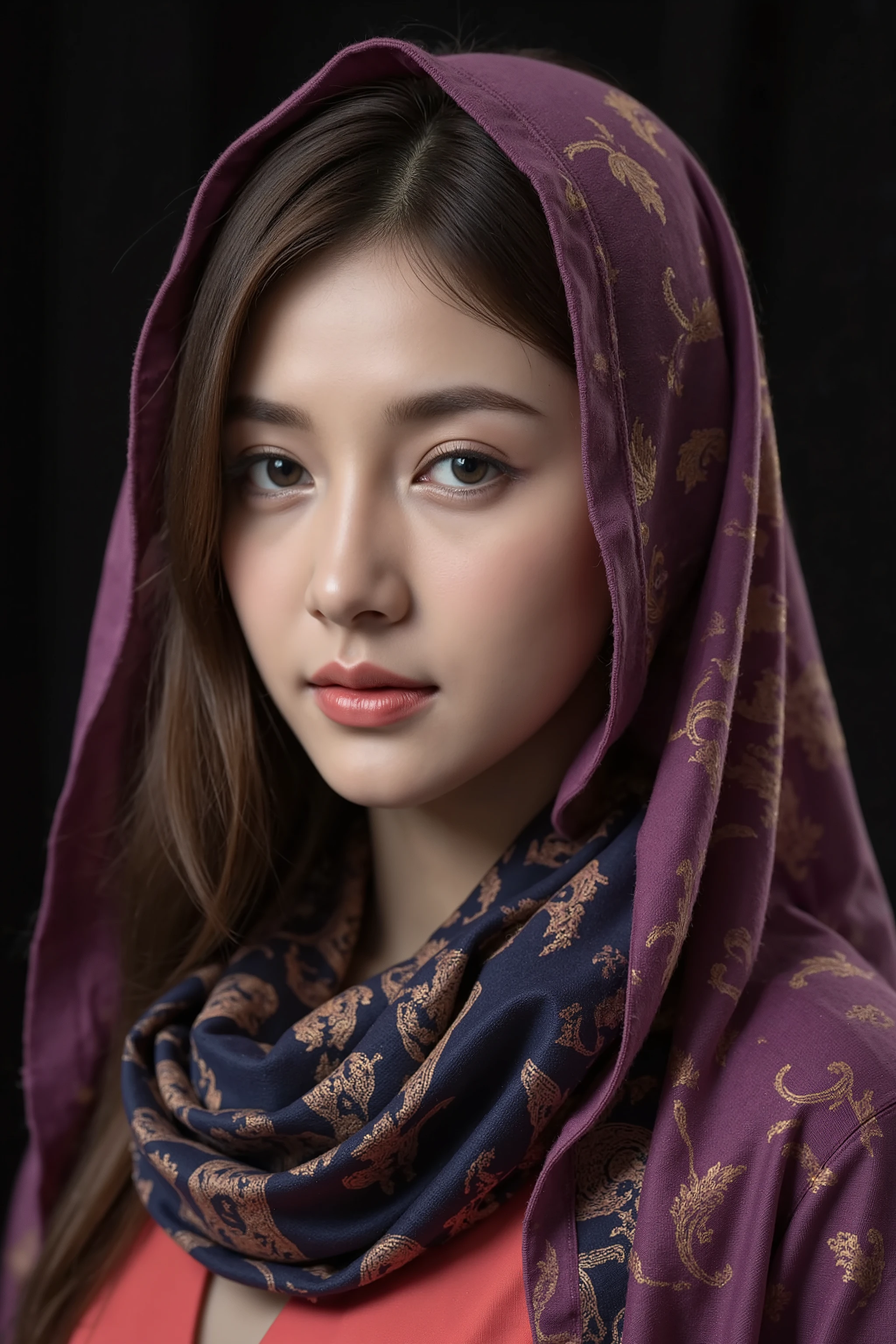 This photograph captures a young Asian woman with fair skin and long, straight brown hair, adorned in traditional attire. She wears a vibrant purple headscarf with intricate paisley patterns and a matching scarf around her neck, both featuring rich blue and gold details. Her makeup is subtle, highlighting her natural beauty. The dark background accentuates the vivid colors of her clothing. The image exudes a sense of cultural elegance and sophistication.